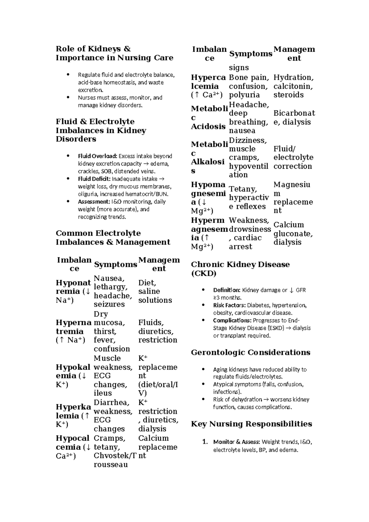 Kidney Disorders: Nursing Care Notes for NUR 101 Final Exam - Studocu