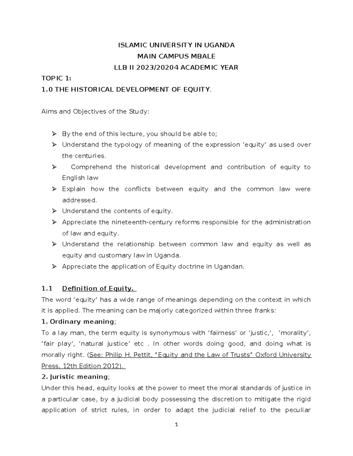 Lecture Notes on Legal Principles of Equity (LLB II 2023/2024) - Studocu
