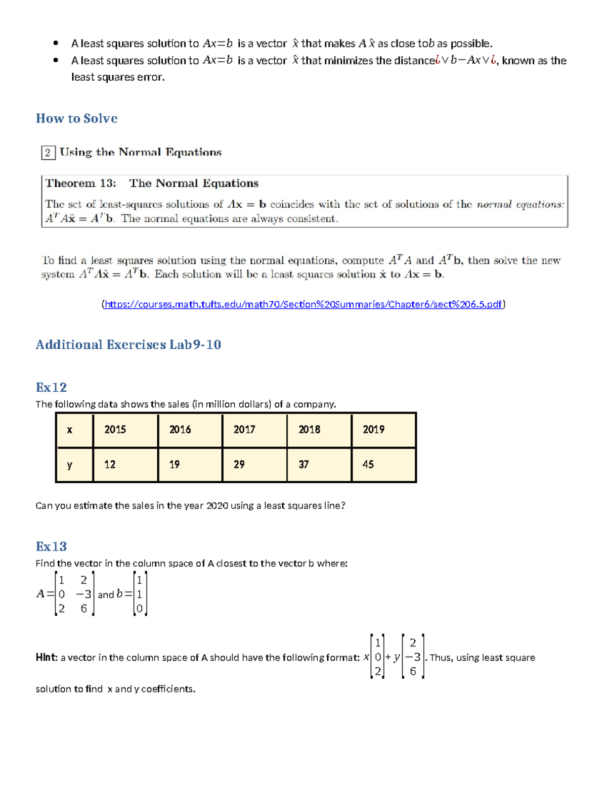 Lab09 10 more - ádasd - A least squares solution to Ax=b is a vector ^x ...
