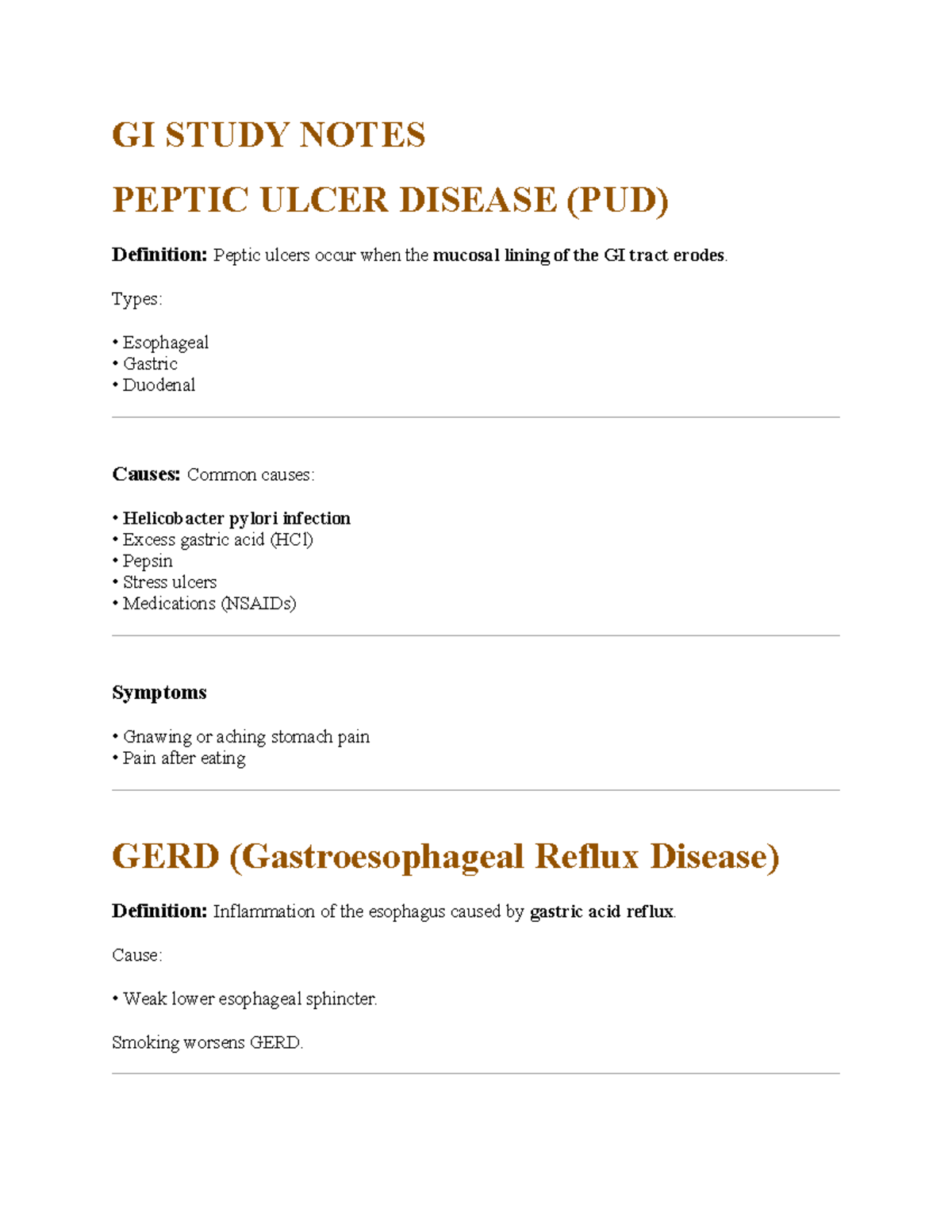 GI STUDY NOTES: PEPTIC ULCER DISEASE (PUD) & GERD Overview - Studocu