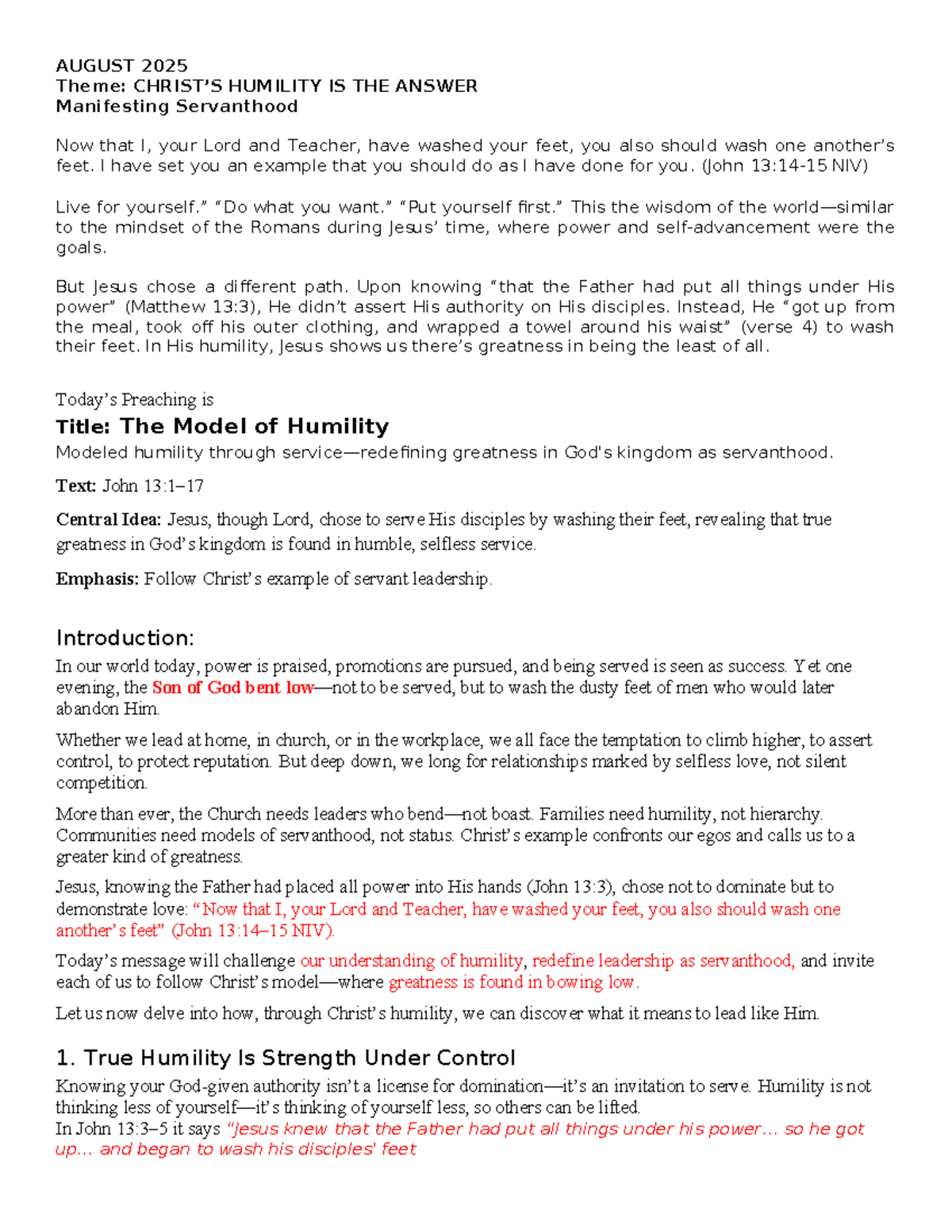 AUGUST 2025 Preaching: The Model of Humility in Servanthood (IAG) - Studocu