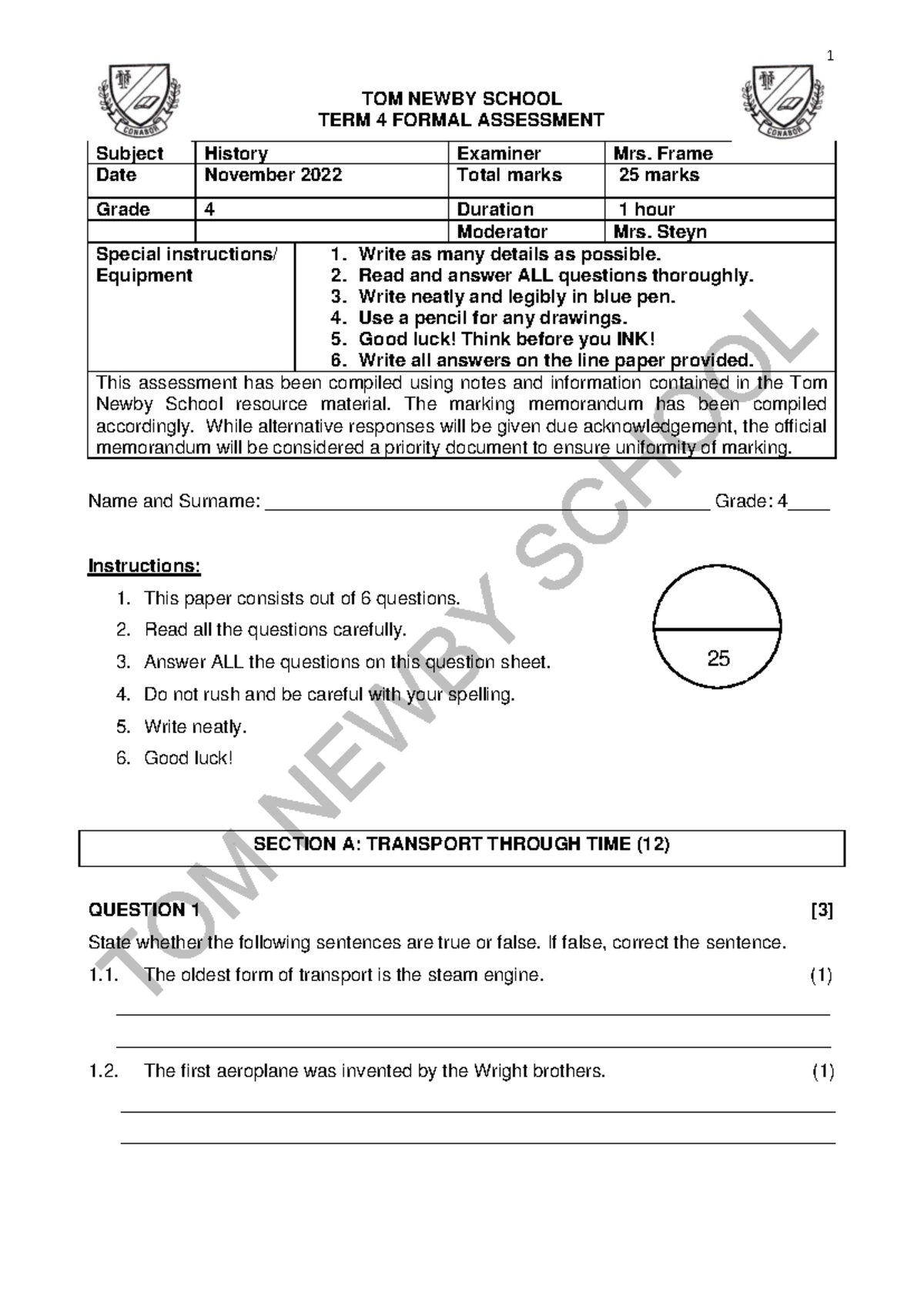 Grade 4 History Formal Assessment Script - November 2022 - Studocu