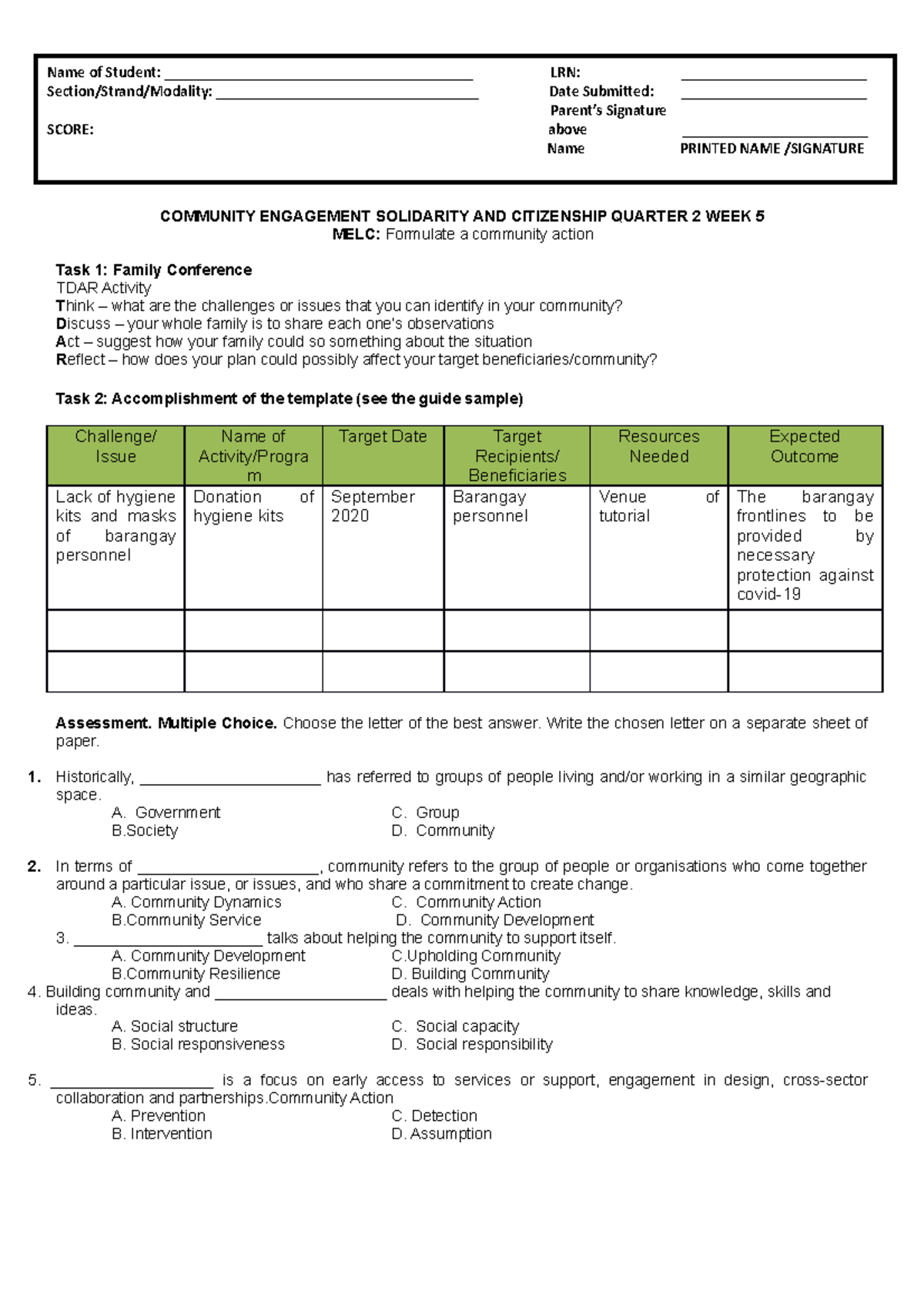 CESC Community Engagement Action Plan - Week 5 Q2 Activities - Studocu