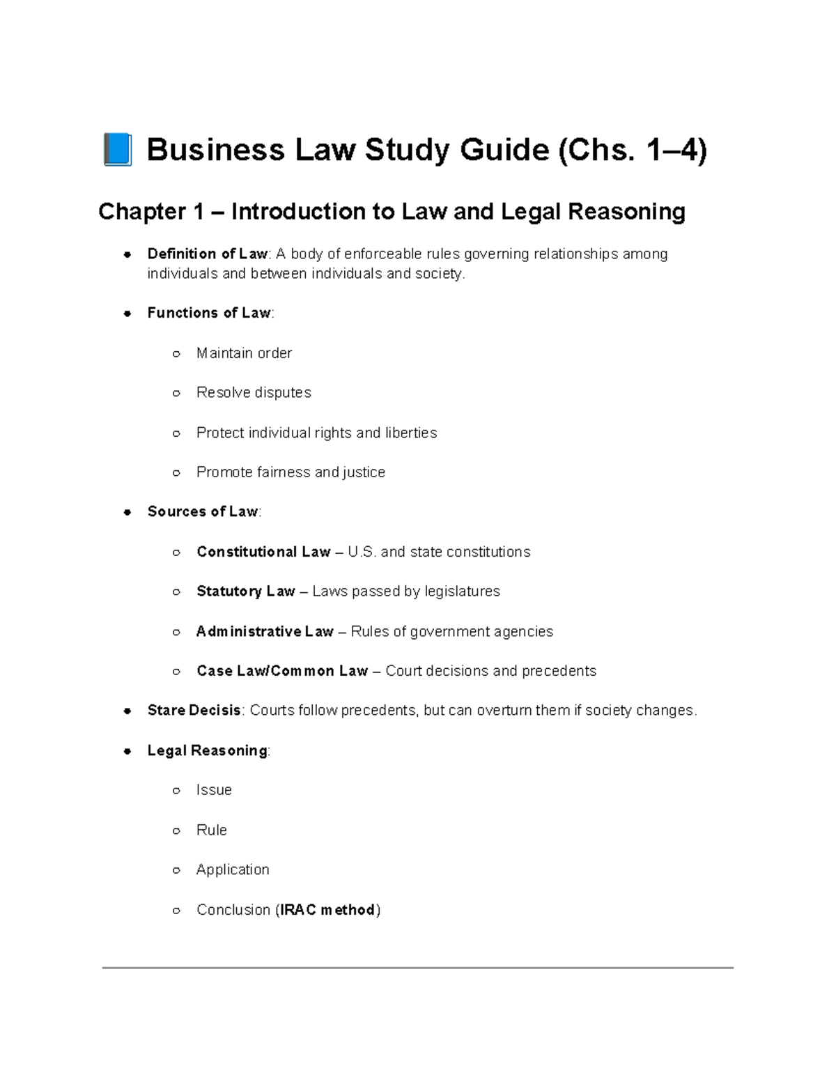 Business Law Study Guide: Key Concepts from Chs. 1-4 - Studocu