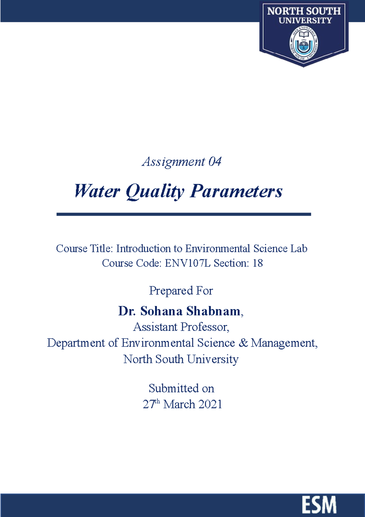 Assignment 04 - Water Quality Analysis - ENV107L - Studocu