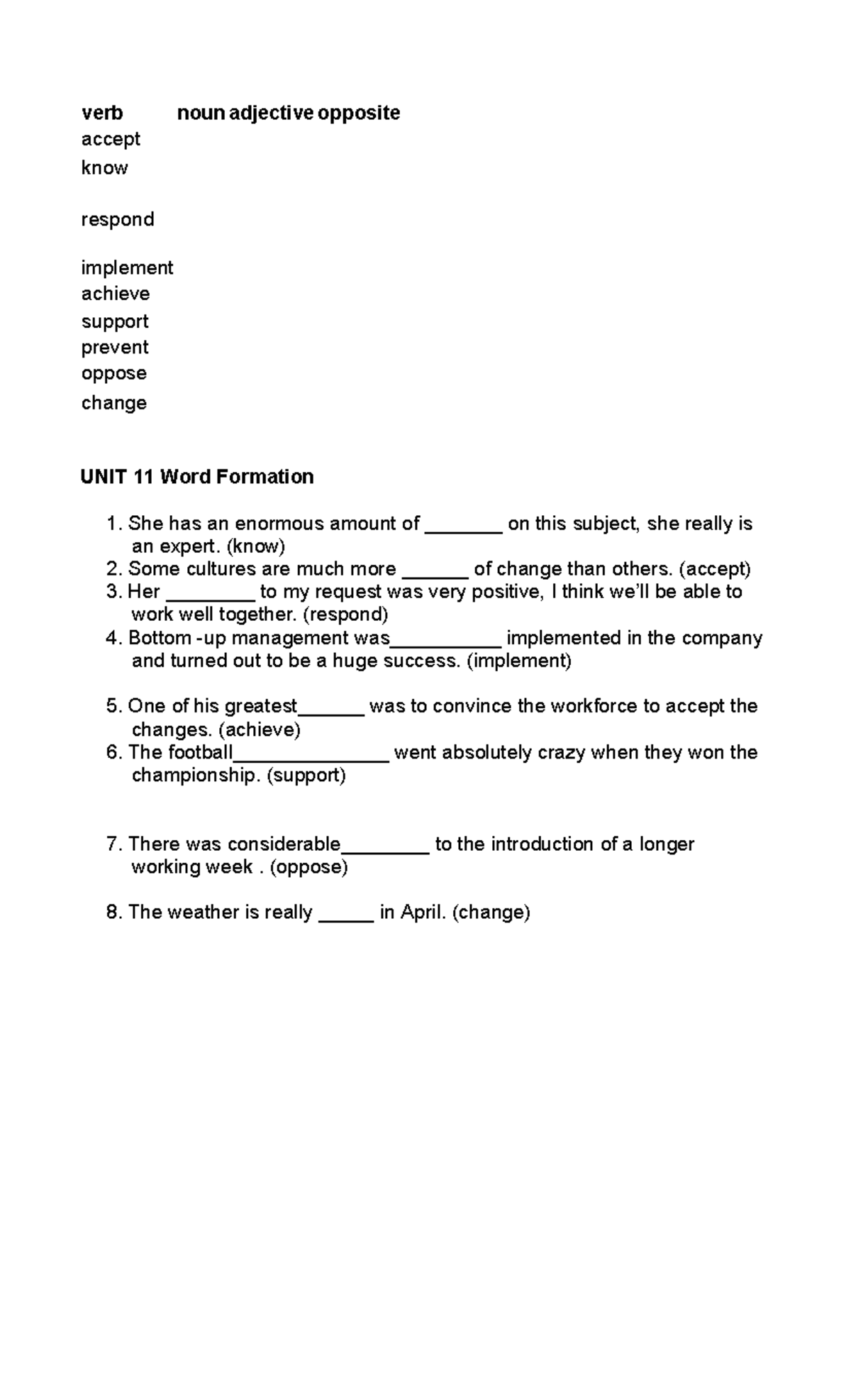 UNIT 11 Word Formation Exercises for 2025 - Studocu