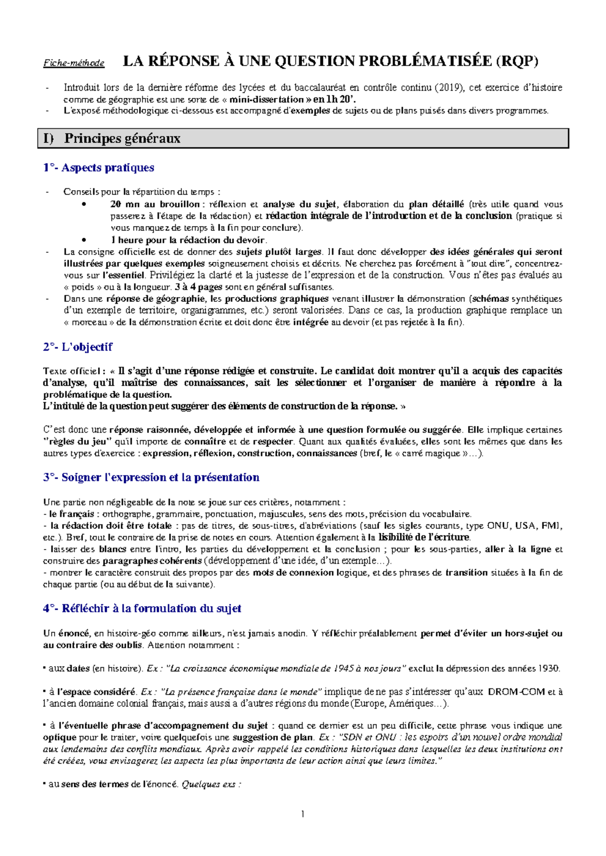 HG - Fiche Méthode : Réponse à une Question Problématisée - Studocu