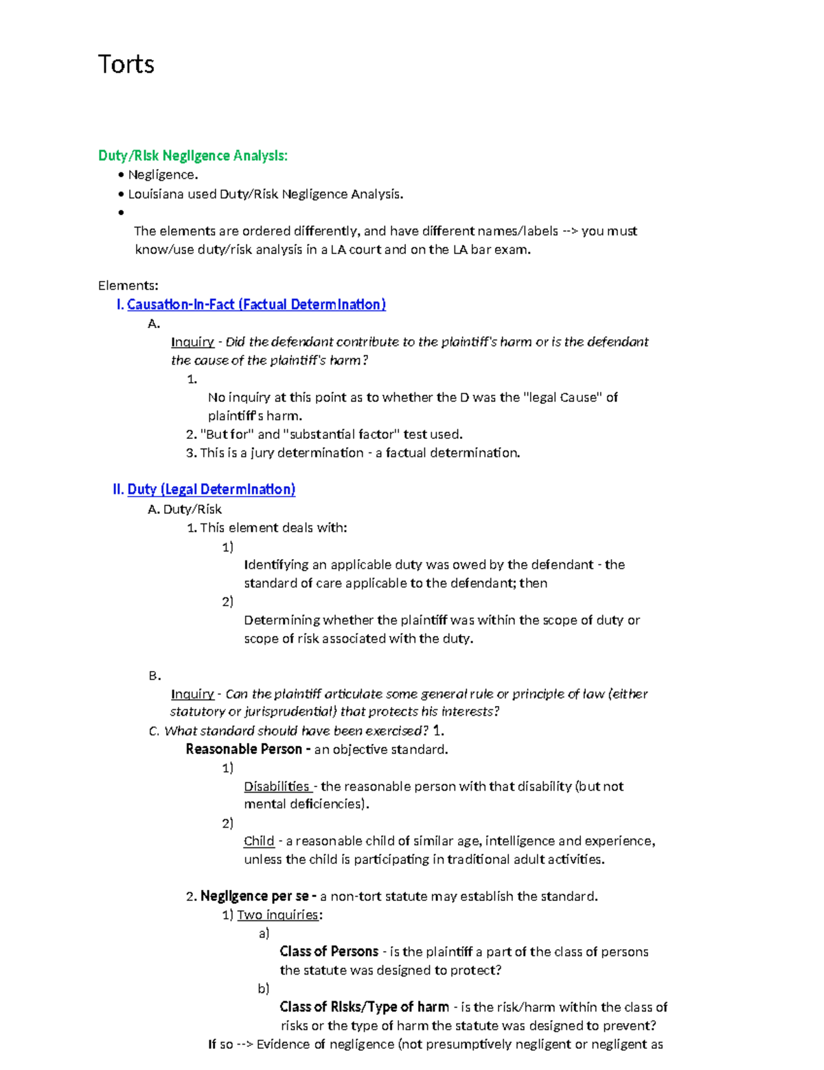 Torts II: Negligence Analysis for Louisiana Bar Exam Preparation - Studocu