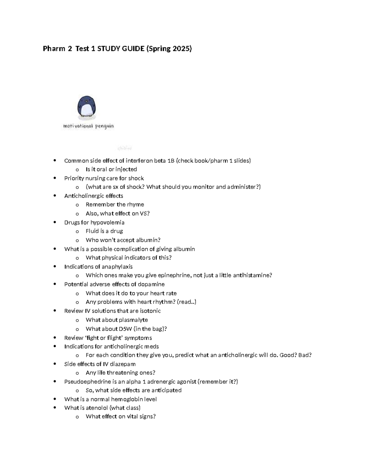 Pharm 2 Test 1 Study Guide (Spring 2025): Key Concepts & Nursing Care ...