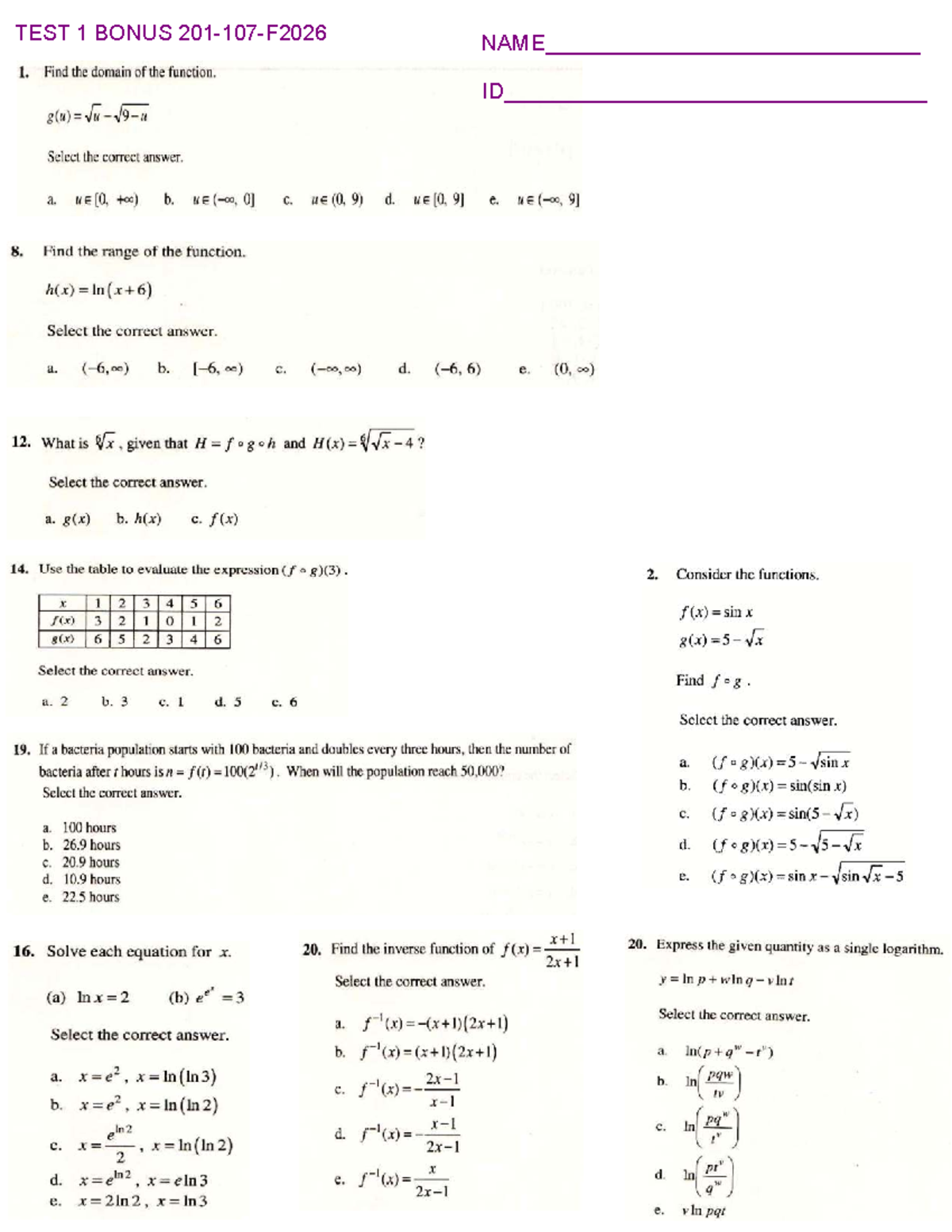 TEST 1 Bonus - Domain and Function Practice for Midterm - Studocu