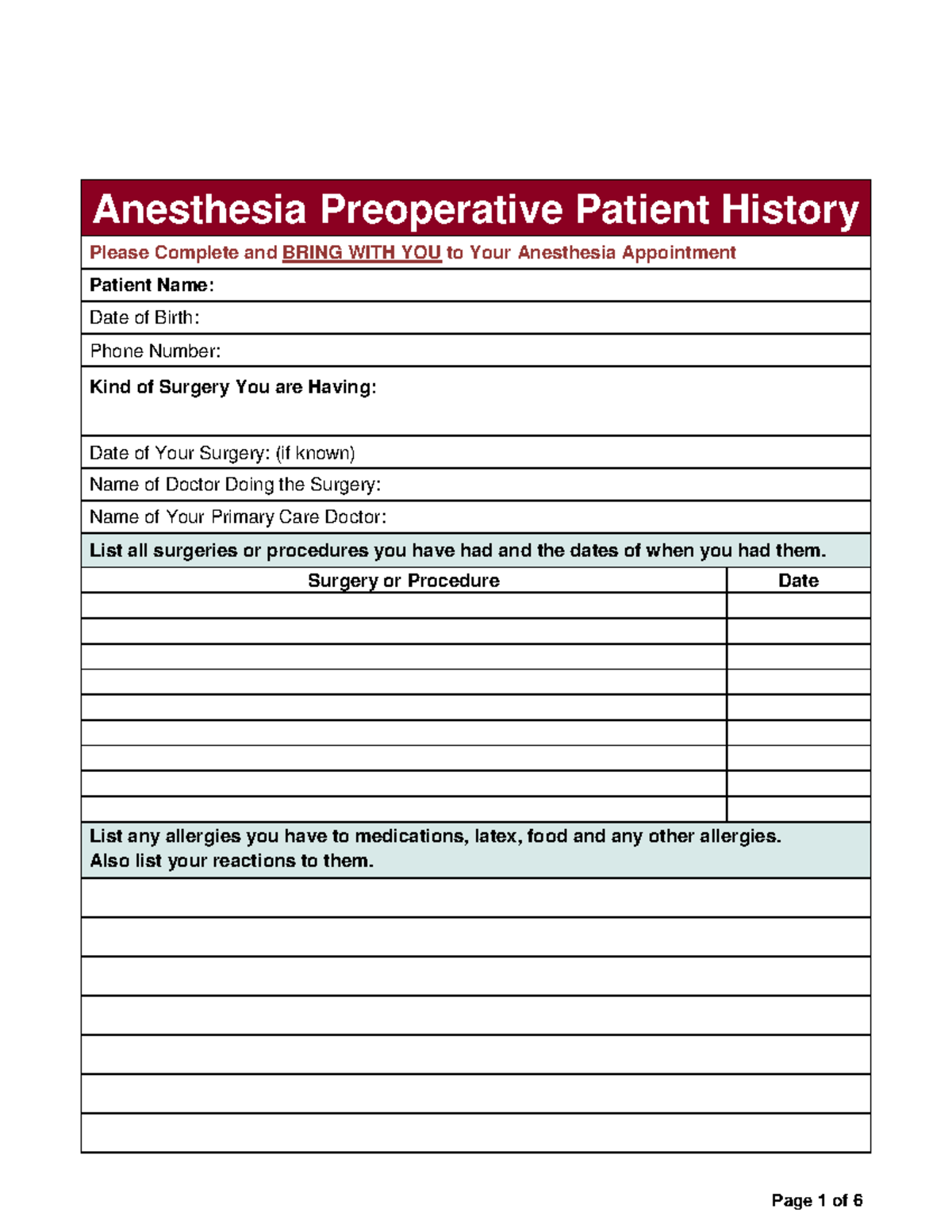Anesthesia Pre-Op Patient History Form (1.b) - Studocu