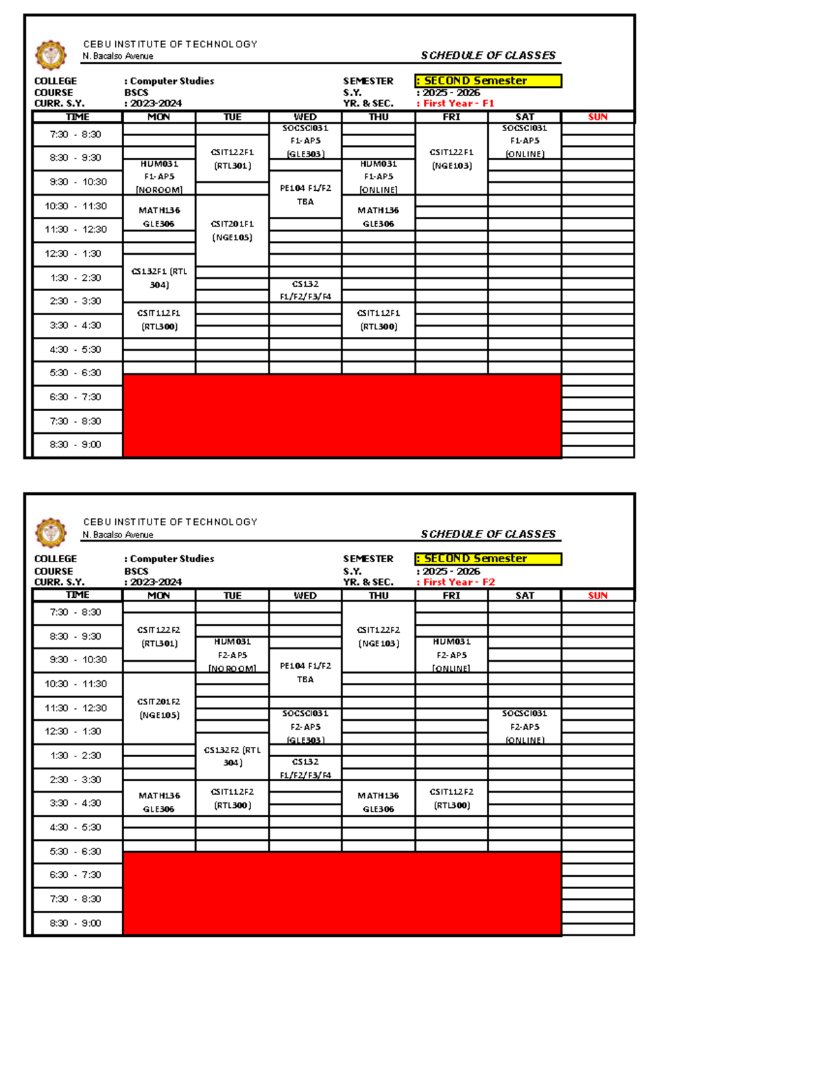 BSCS Class Schedule: First Year F1-F4, Second Sem SY 2025-2026 - Studocu