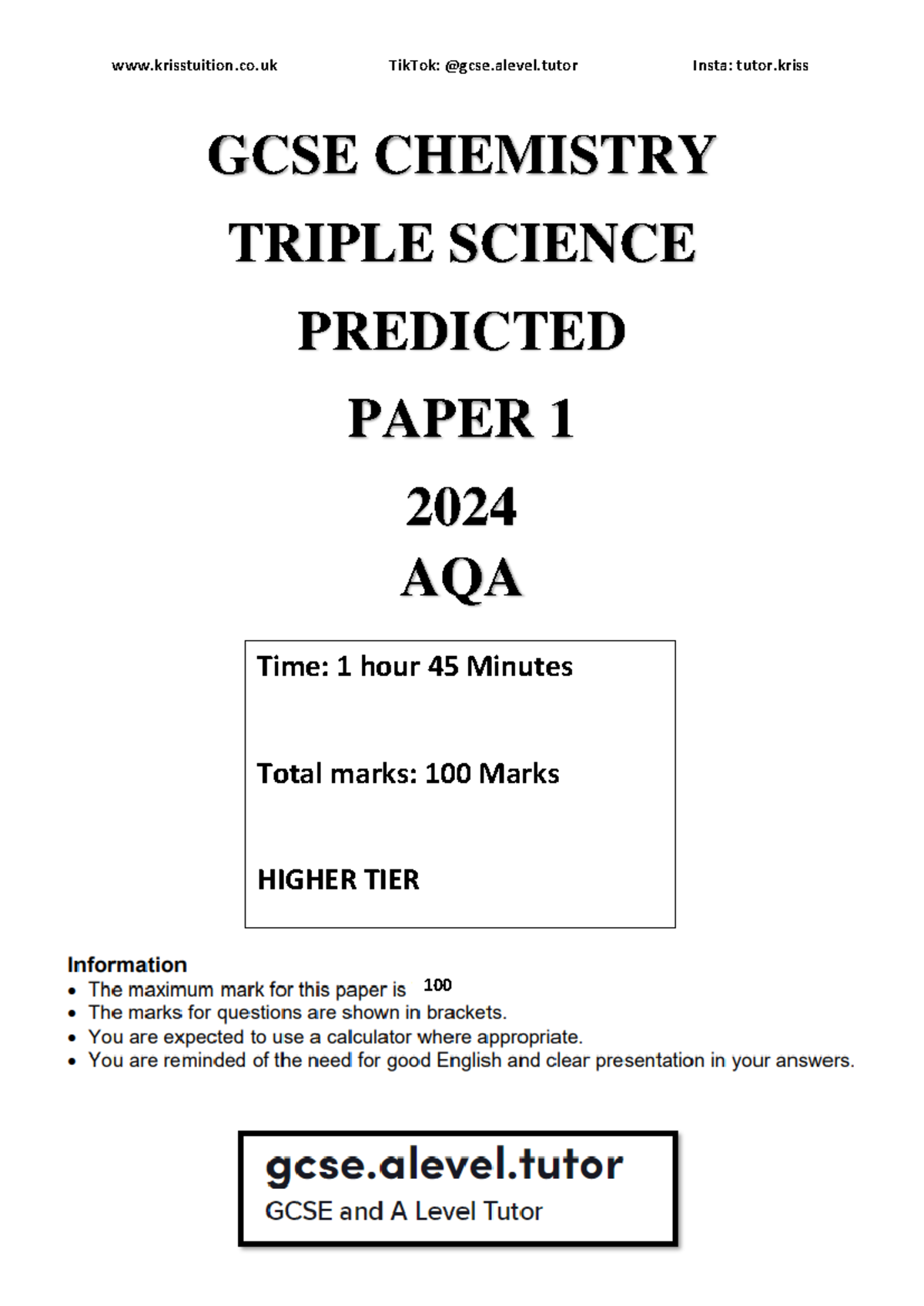 AQA Triple Science Chemistry 2024 Predicted Paper 1 (Higher Tier) - Studocu