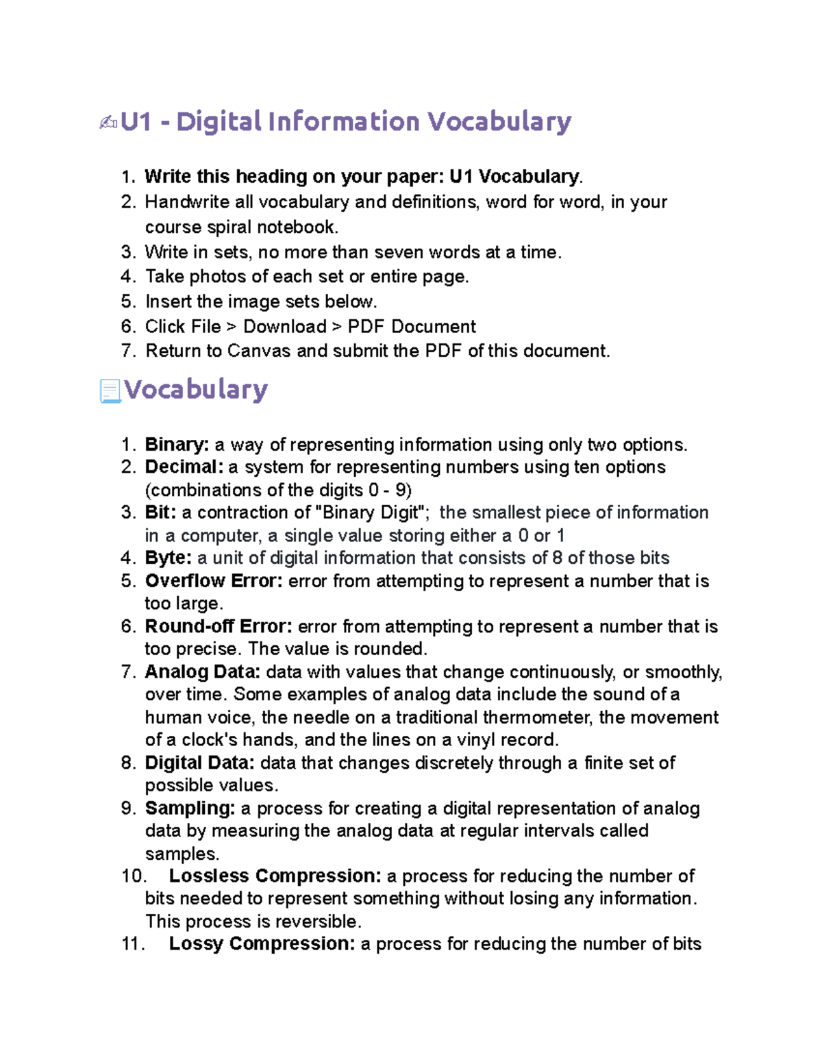U1 Digital Information Vocabulary Notes and Definitions - Studocu