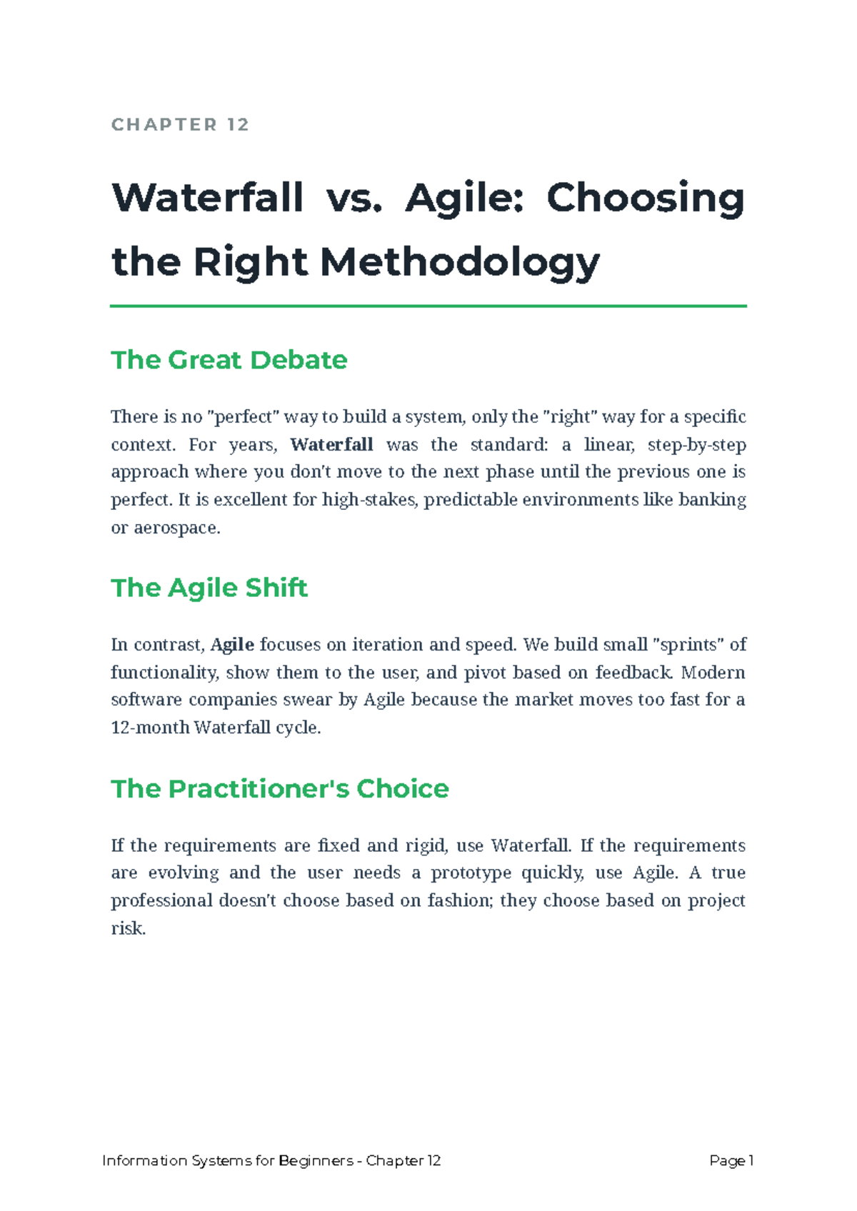 CHAPTER 12: Waterfall vs. Agile Methodologies in IS for Beginners - Studocu