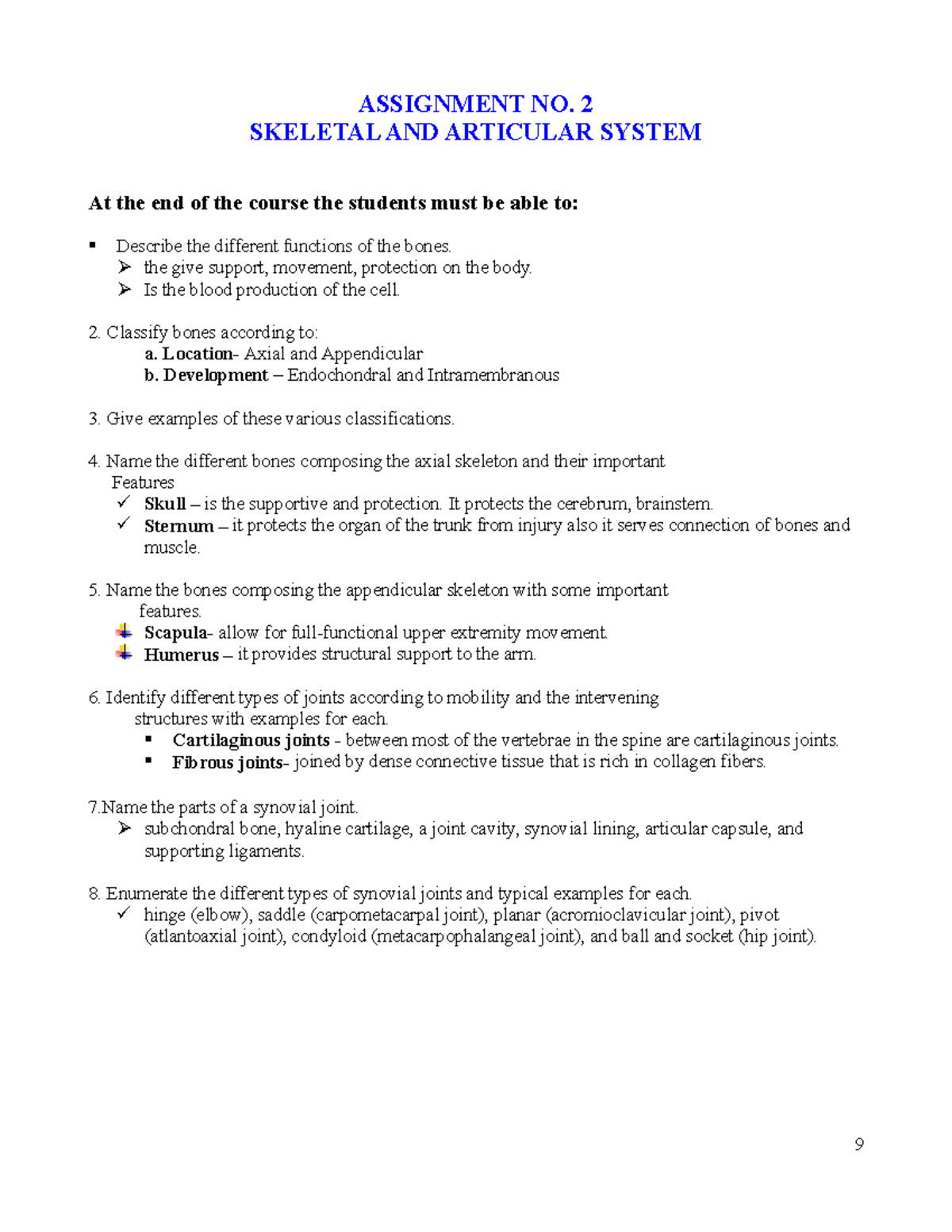 Assignment-no - Hehe - ASSIGNMENT NO. 2 SKELETAL AND ARTICULAR SYSTEM ...