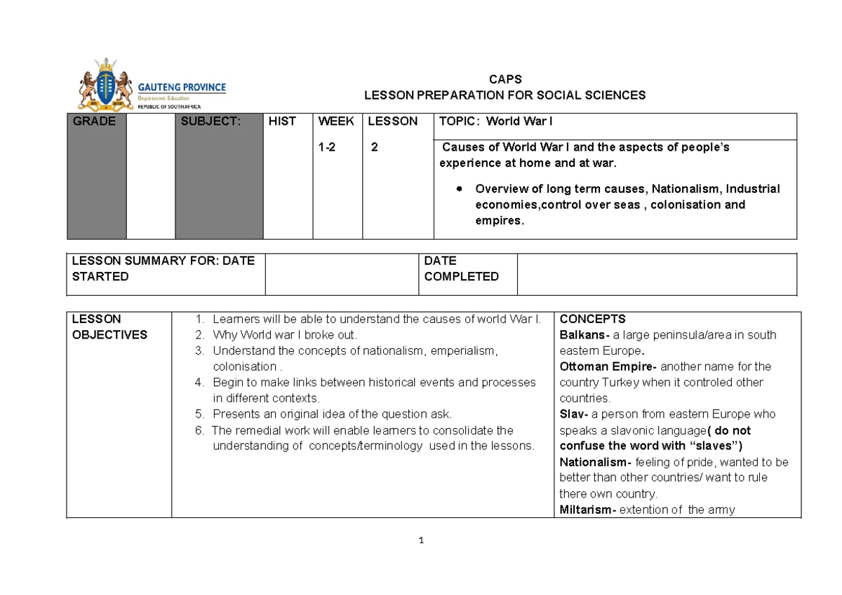 CAPS LESSON 3 PREP: SOCIAL SCIENCES GRADE - WORLD WAR I - Studocu