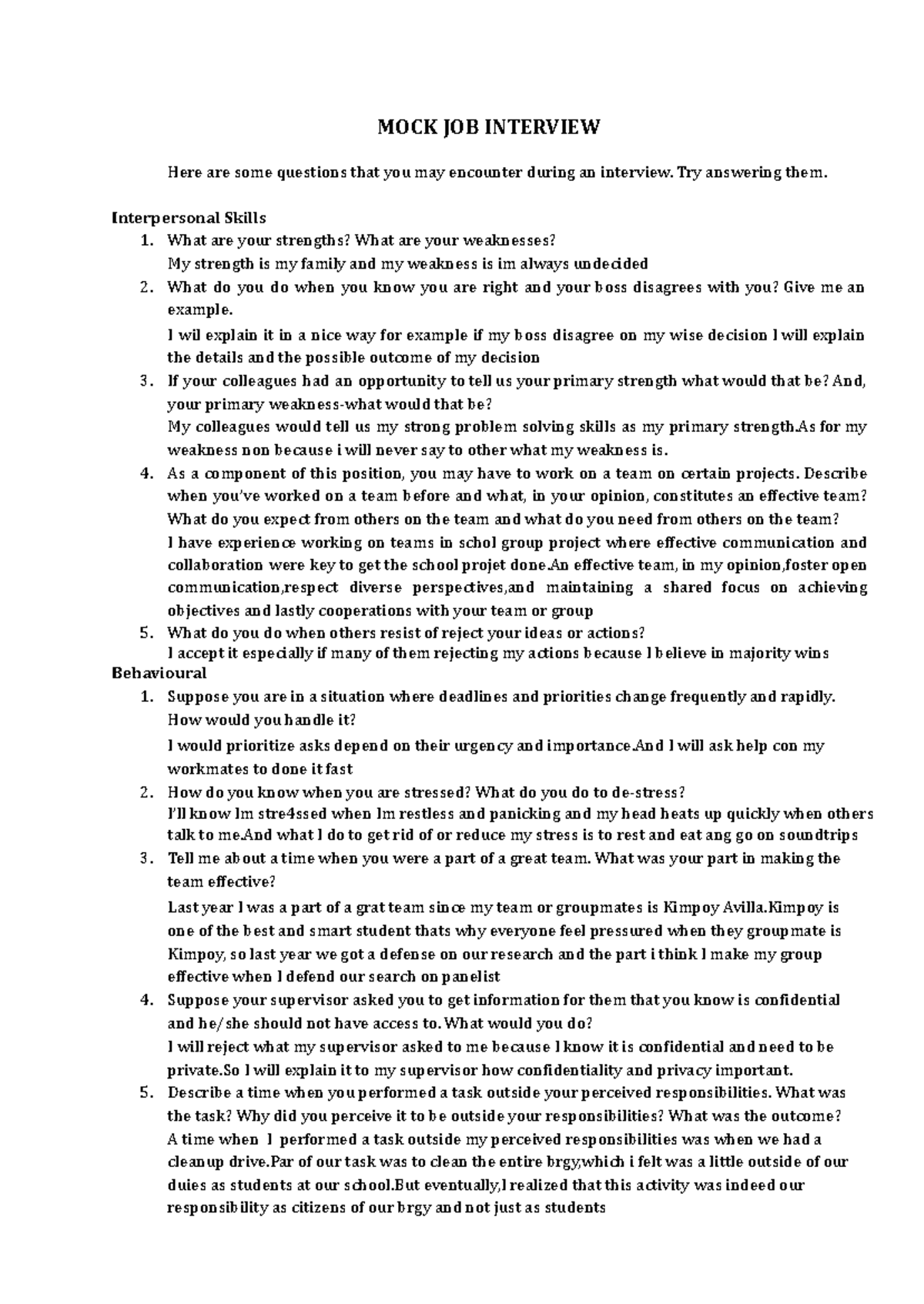 MOCK- Interview - MOCK JOB INTERVIEW Here are some questions that you ...