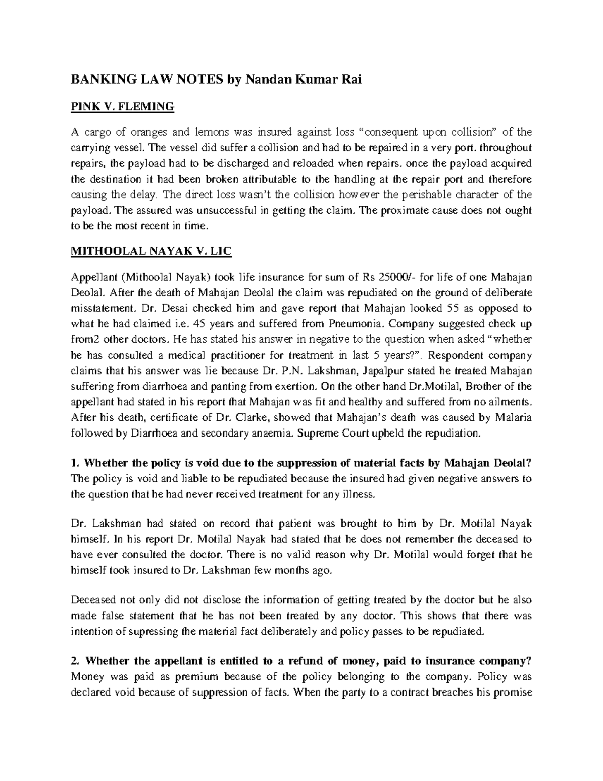 Banking Law Notes (LAW 101) - Key Cases and Principles Explained - Studocu