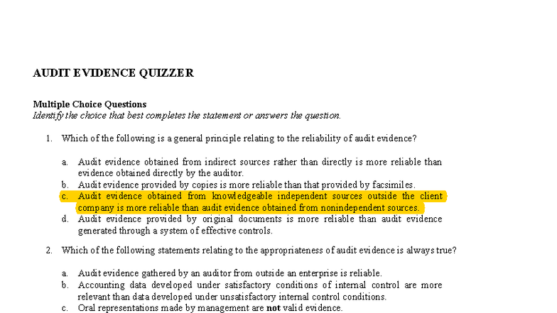 AUDIT EVIDENCE QUIZZER (AUD 101) - Multiple Choice Questions & Answers ...