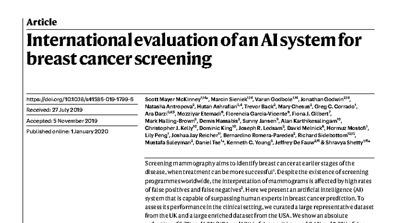 International Evaluation of AI in Breast Cancer Screening (2020) - Studocu
