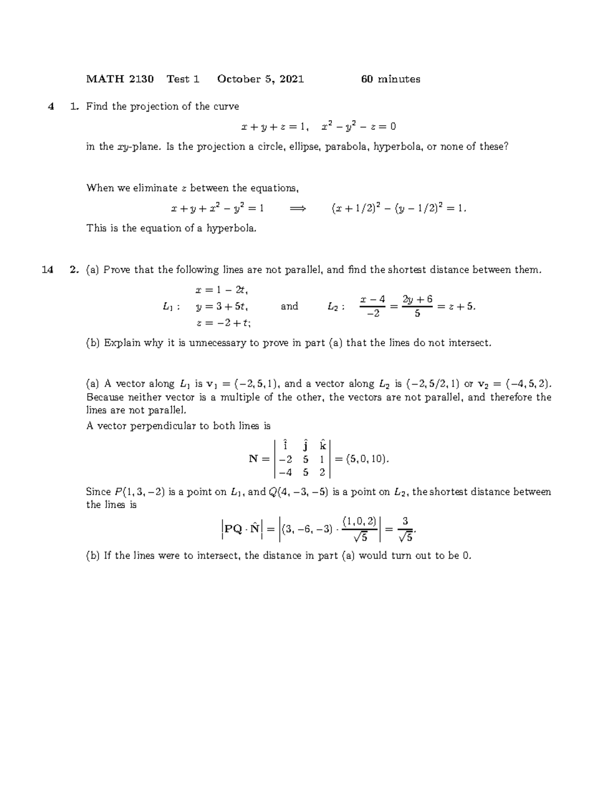 MATH 2130 Test 1 Solutions & Analysis - Fall 2021 - Studocu