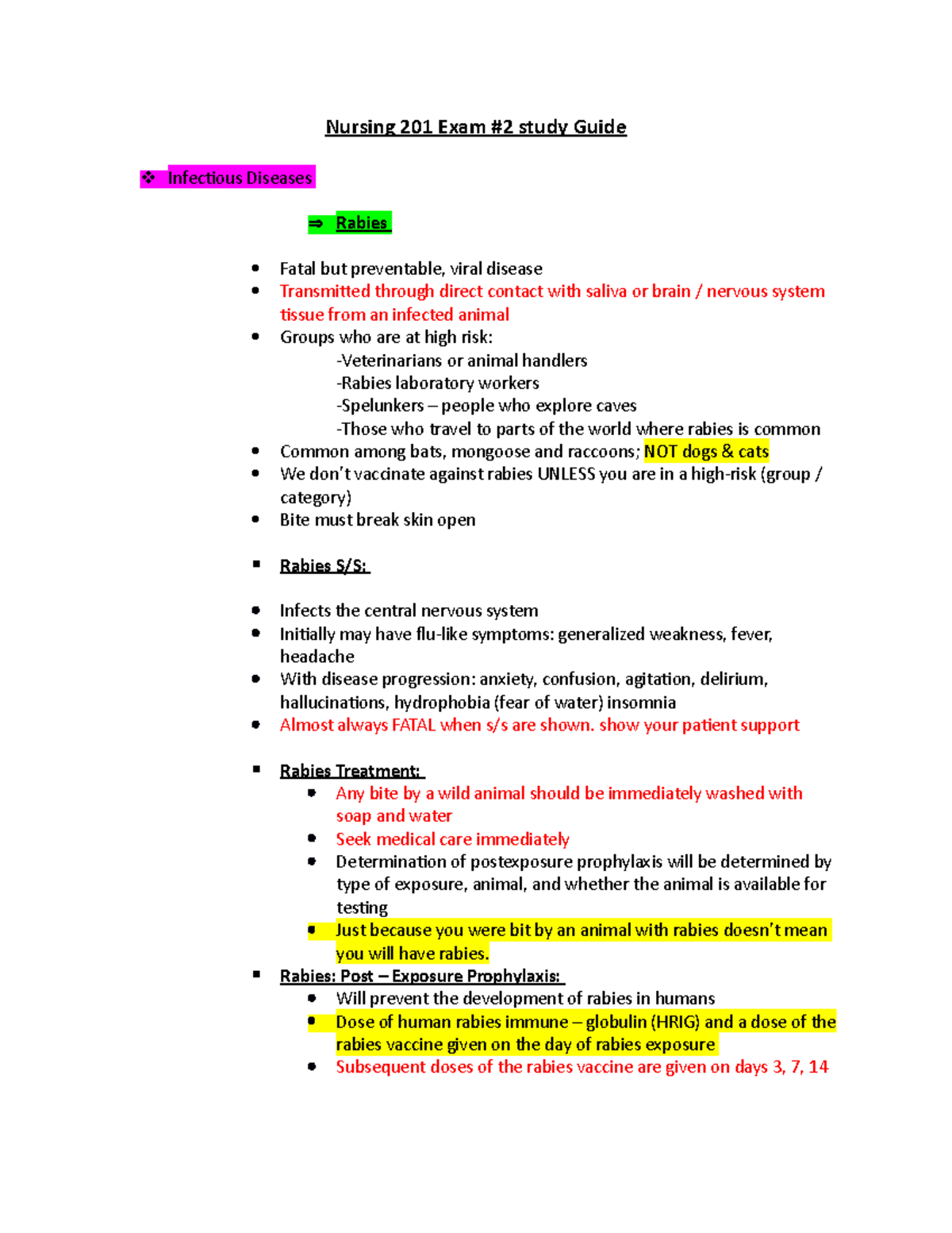 Nursing 201 Exam 2 Study Guide: Focus on Infectious Diseases - Studocu