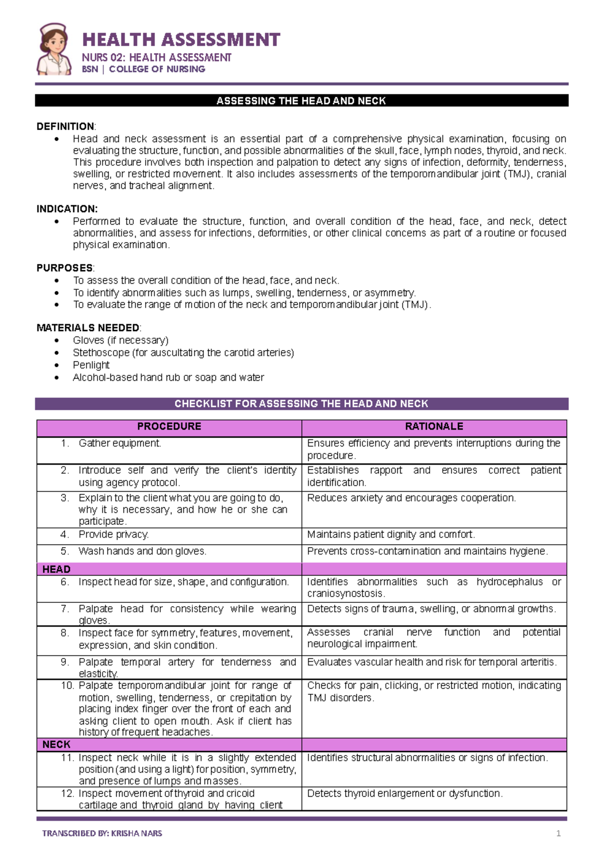 Health Assessment NURS 02: Head and Neck Evaluation Guide - Studocu