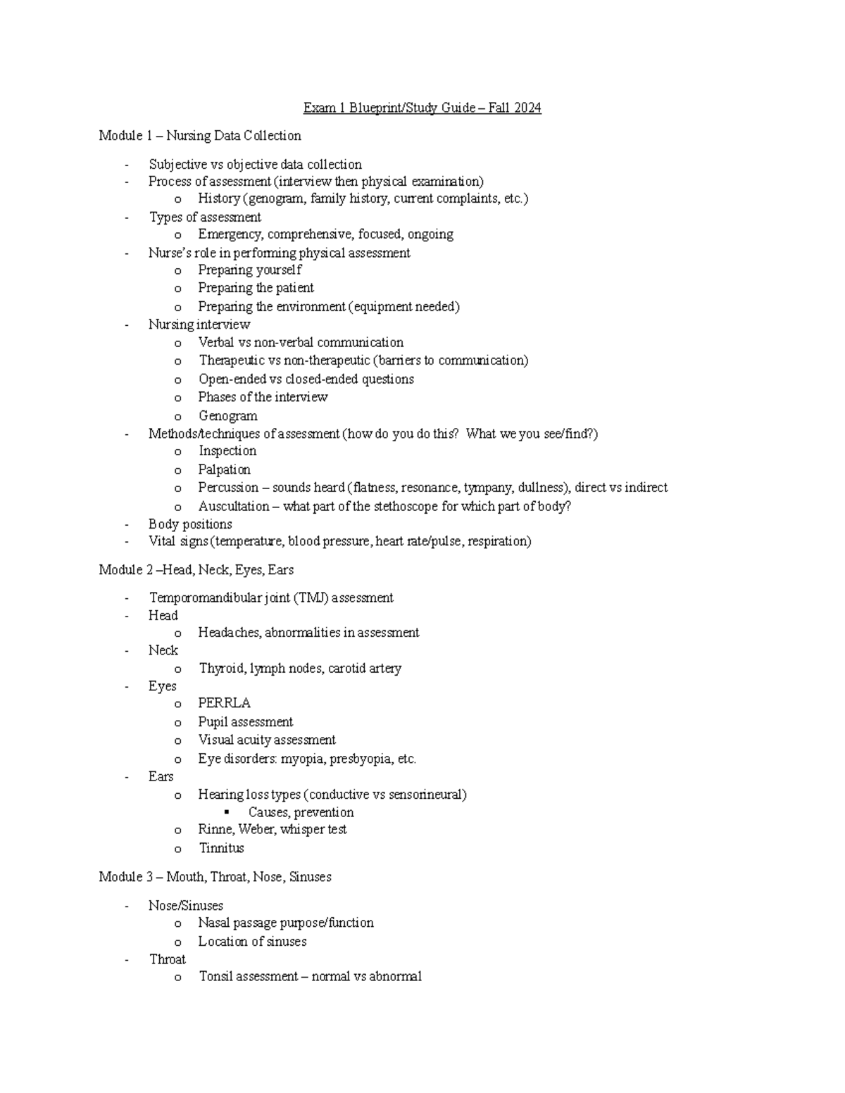 Exam 1 Blueprint/Study Guide – Nursing Data Collection & Assessment ...