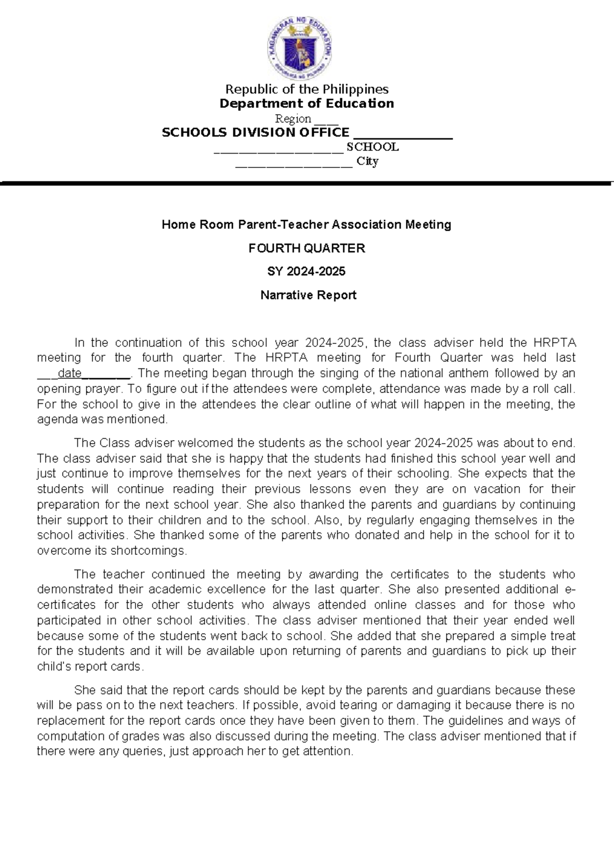 Fourth Quarter Hrpta Narrative Report - Republic of the Philippines ...