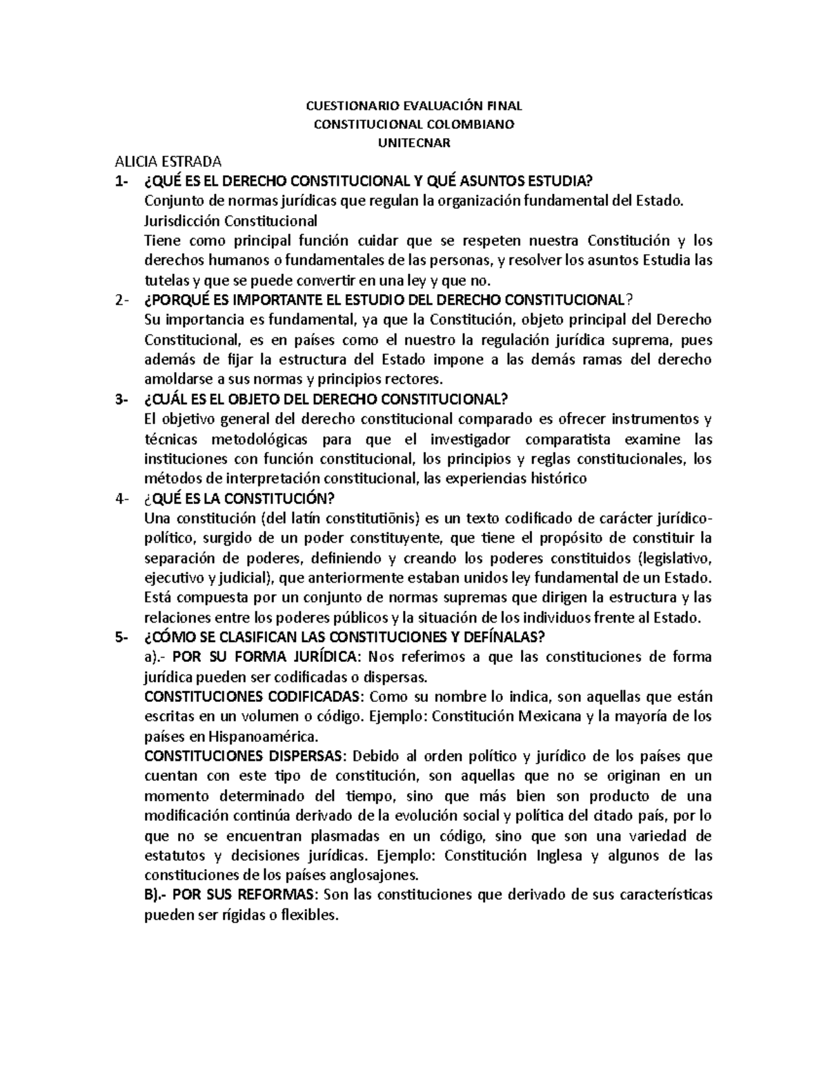 Cuestionario Evaluación Final Derecho Constitucional UNITECNAR - Studocu