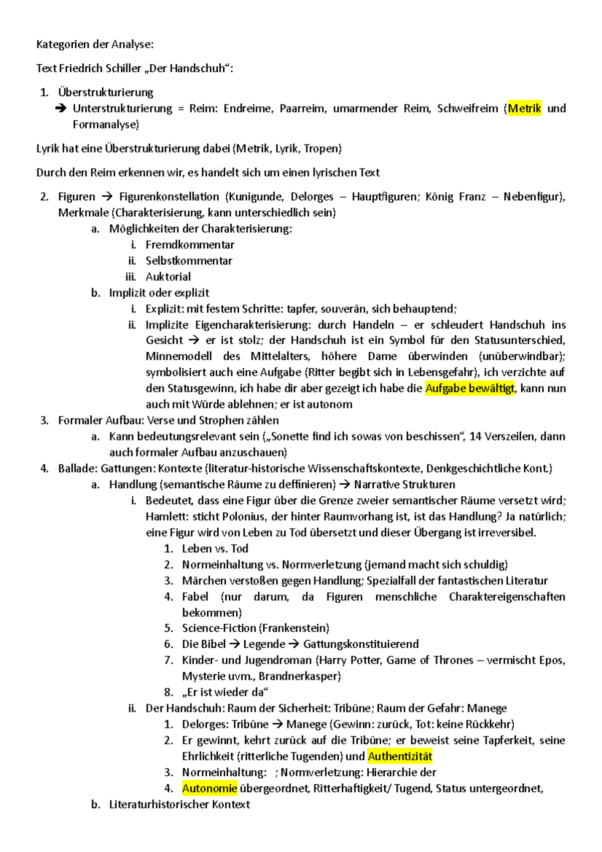 Textanalyse von Friedrich Schillers Der Handschuh: Kategorisierung und  Struktur - Studocu