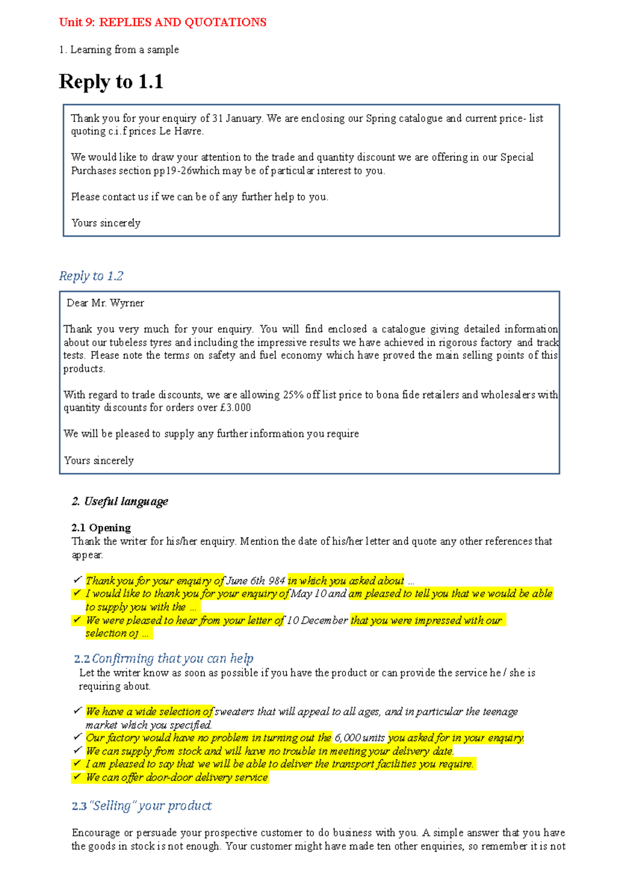 Replies and Quotations: Responding to Enquiries (Unit 9) - Studocu