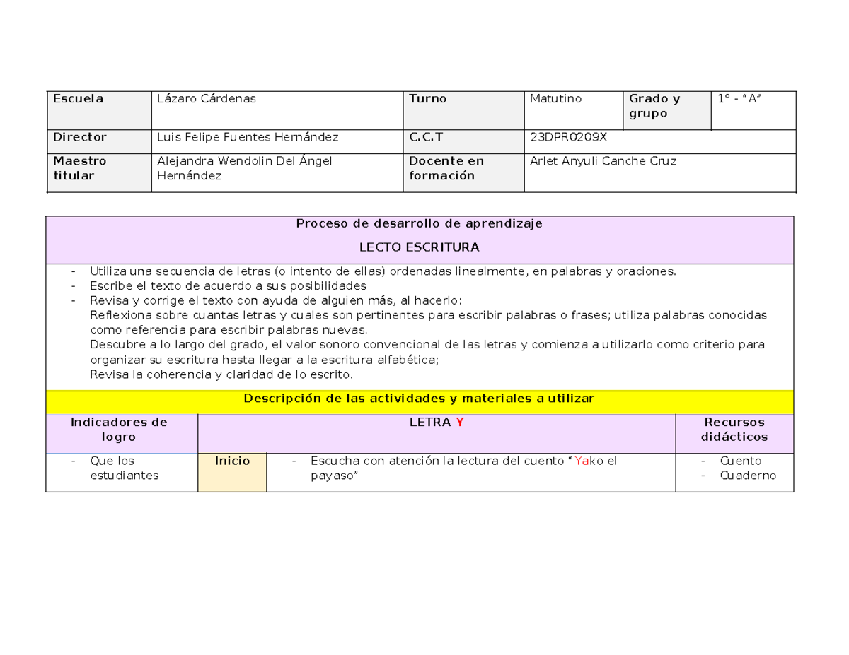 Planeación Didáctica: Letra Y - Escuela Lázaro Cárdenas 1° "A" - Document Preview