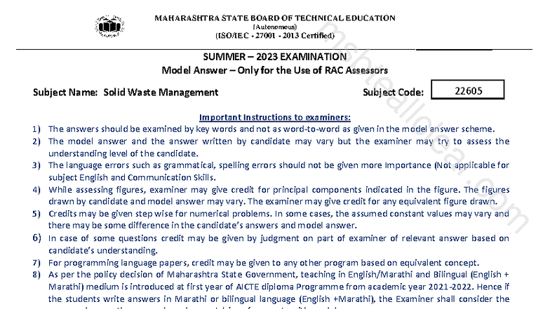 Model Answer for Solid Waste Management (22605) - Summer 2023 Exam ...