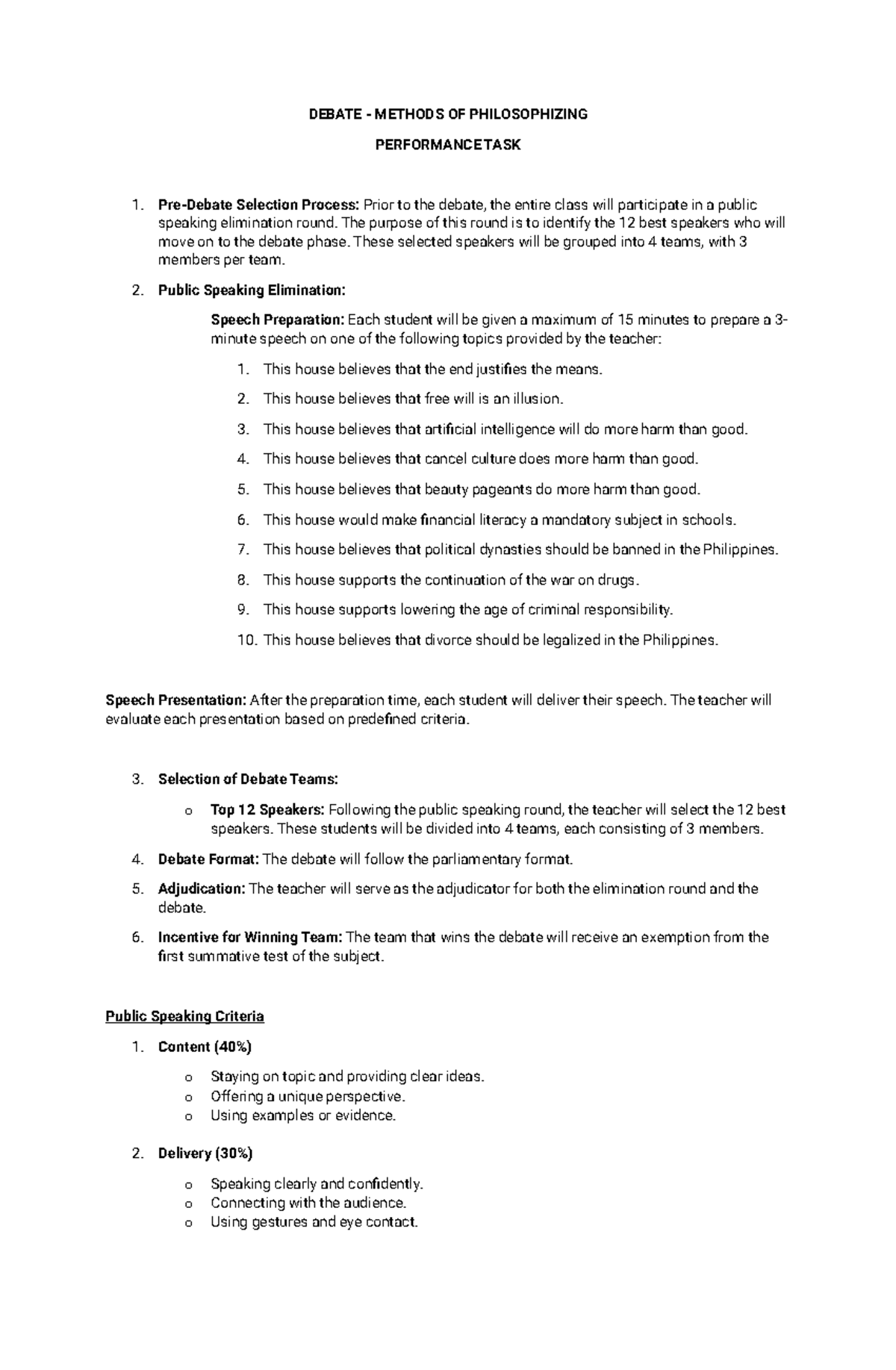 Debate methods performance task - DEBATE - METHODS OF PHILOSOPHIZING ...