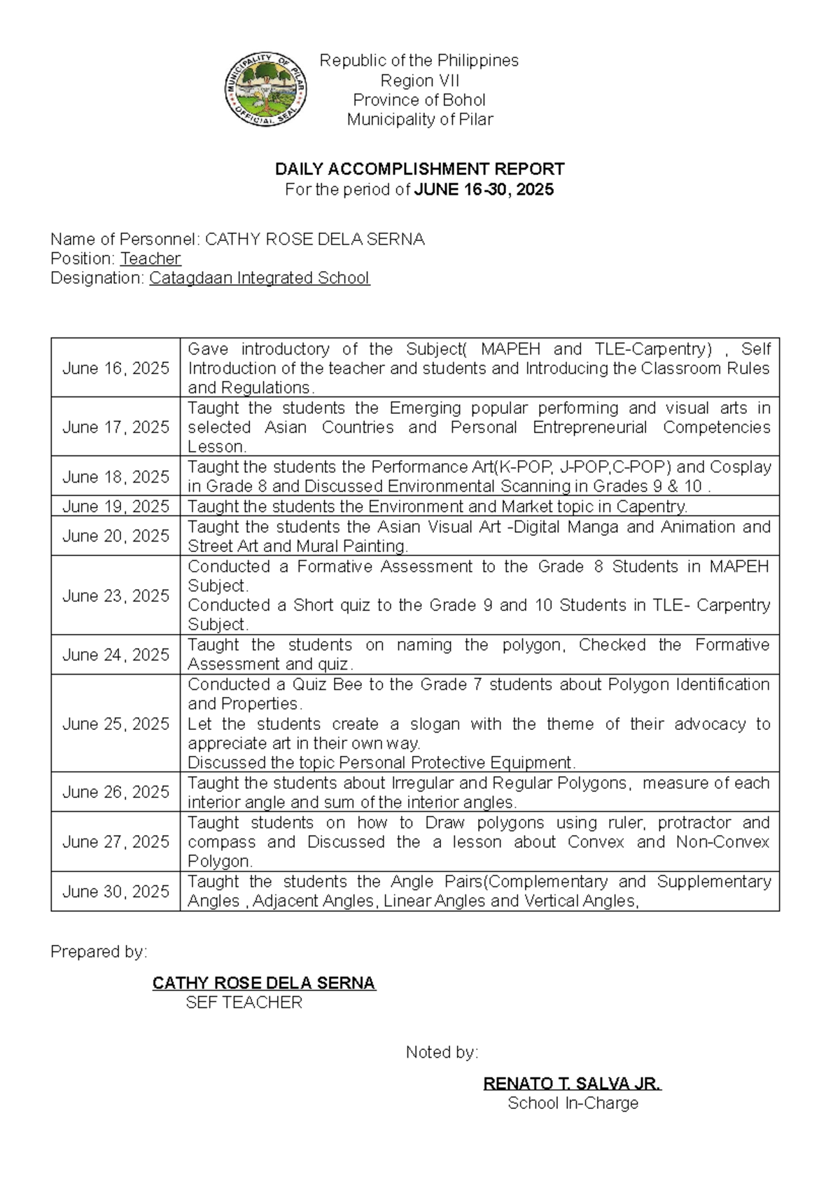 Daily Accomplishment Report for Teacher Cathy Rose Dela Serna - Studocu