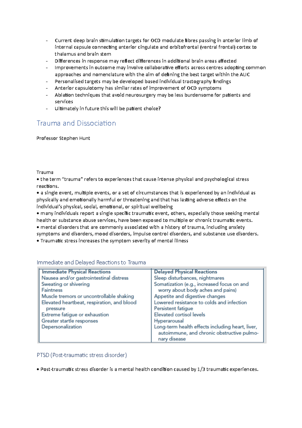 Trauma and Dissociation: Insights from ANAT12 Lecture Notes - Studocu