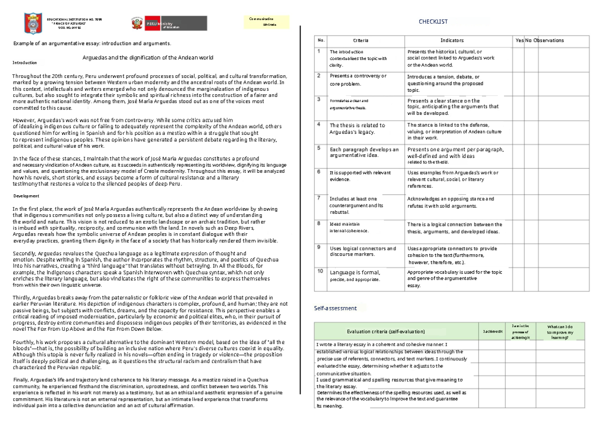 5th Grade Argumentative Essay on Arguedas and Andean Culture - Studocu