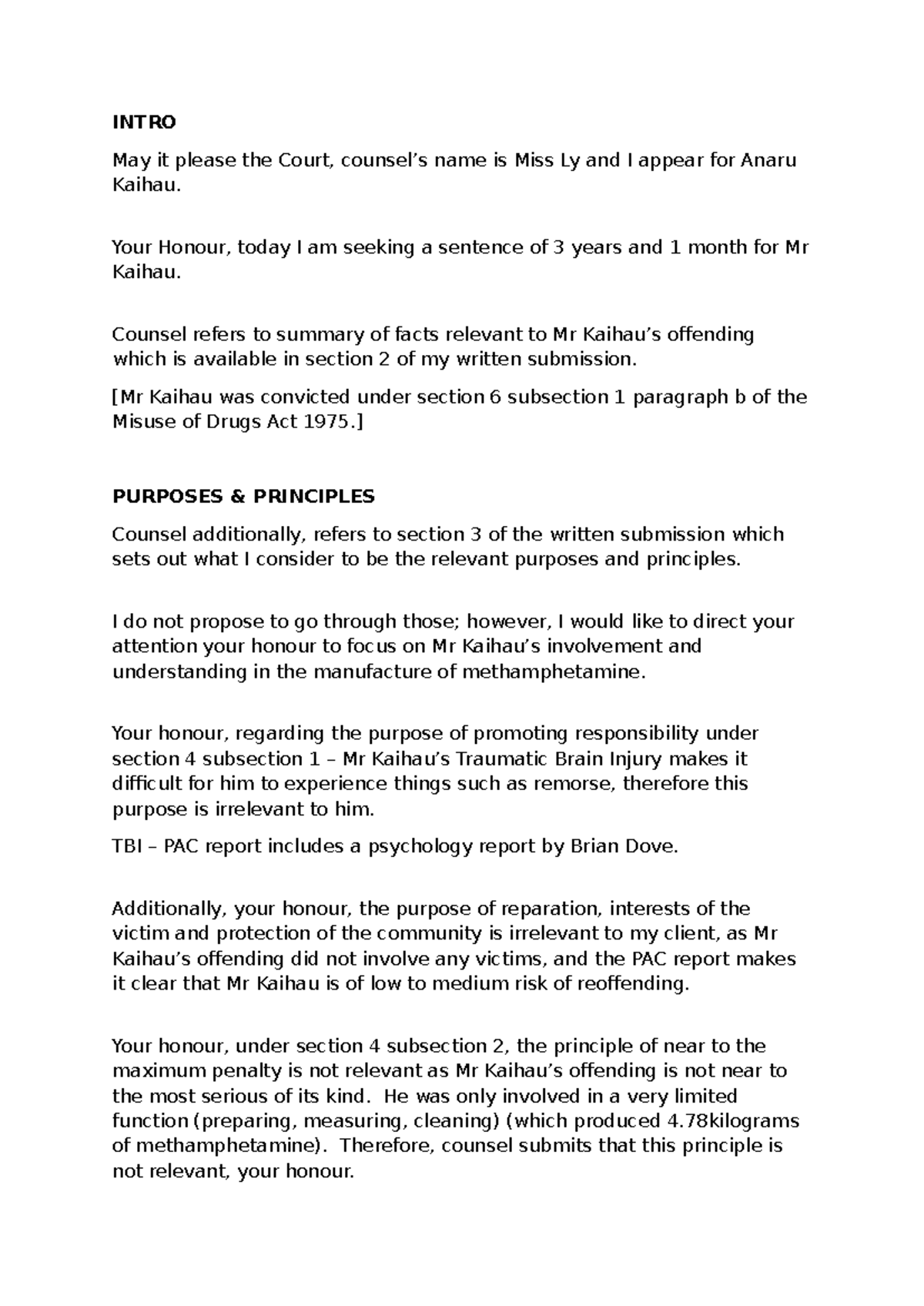 Oral Sentencing Script for Anaru Kaihau - Case Analysis - Studocu