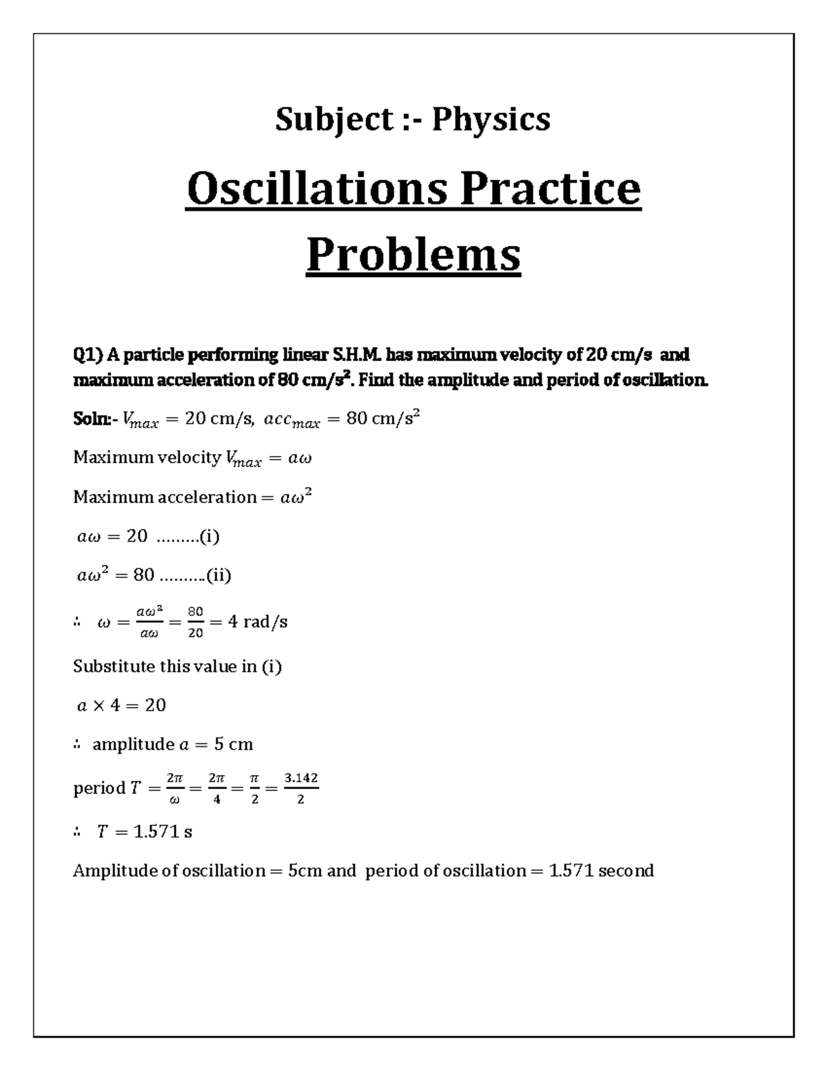 Oscillations Practice Problems - Subject :- Physics Oscillations ...