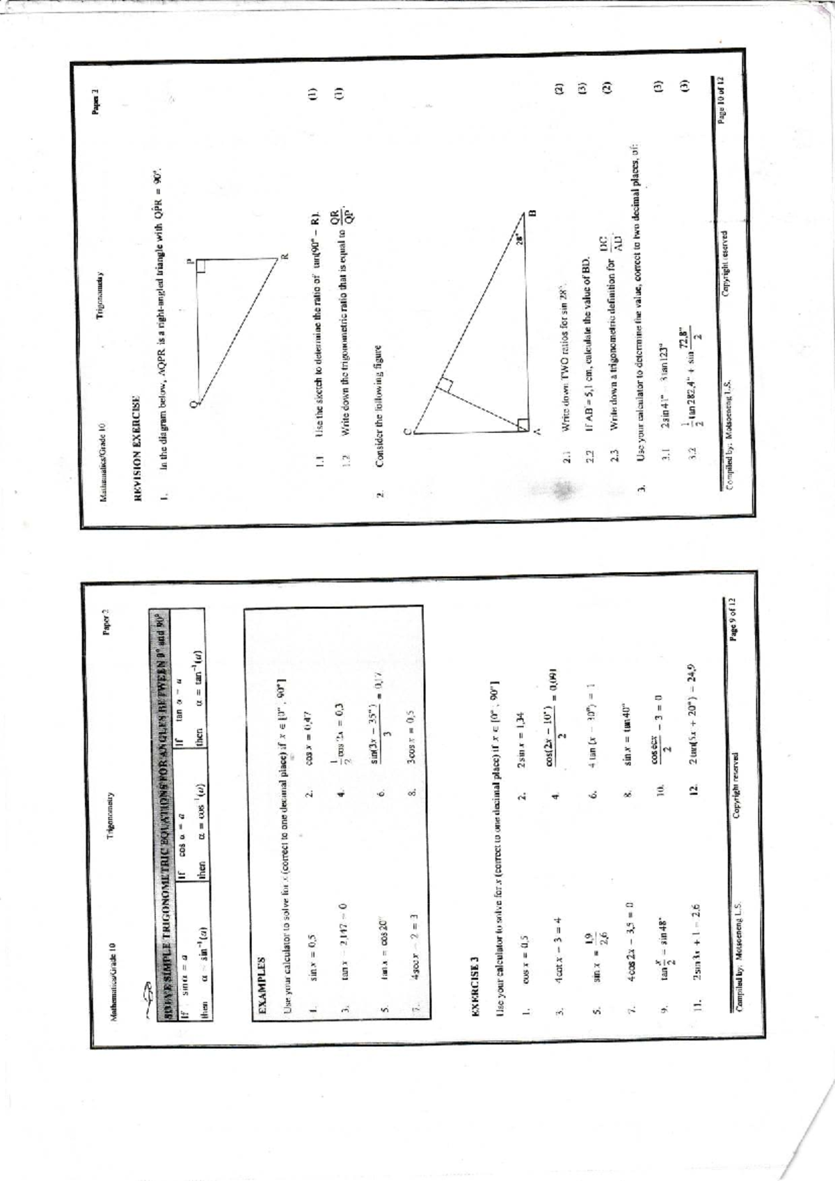 Grade 10 Trigonometry Paper 2 Revision: Solving Trig Equations - Studocu