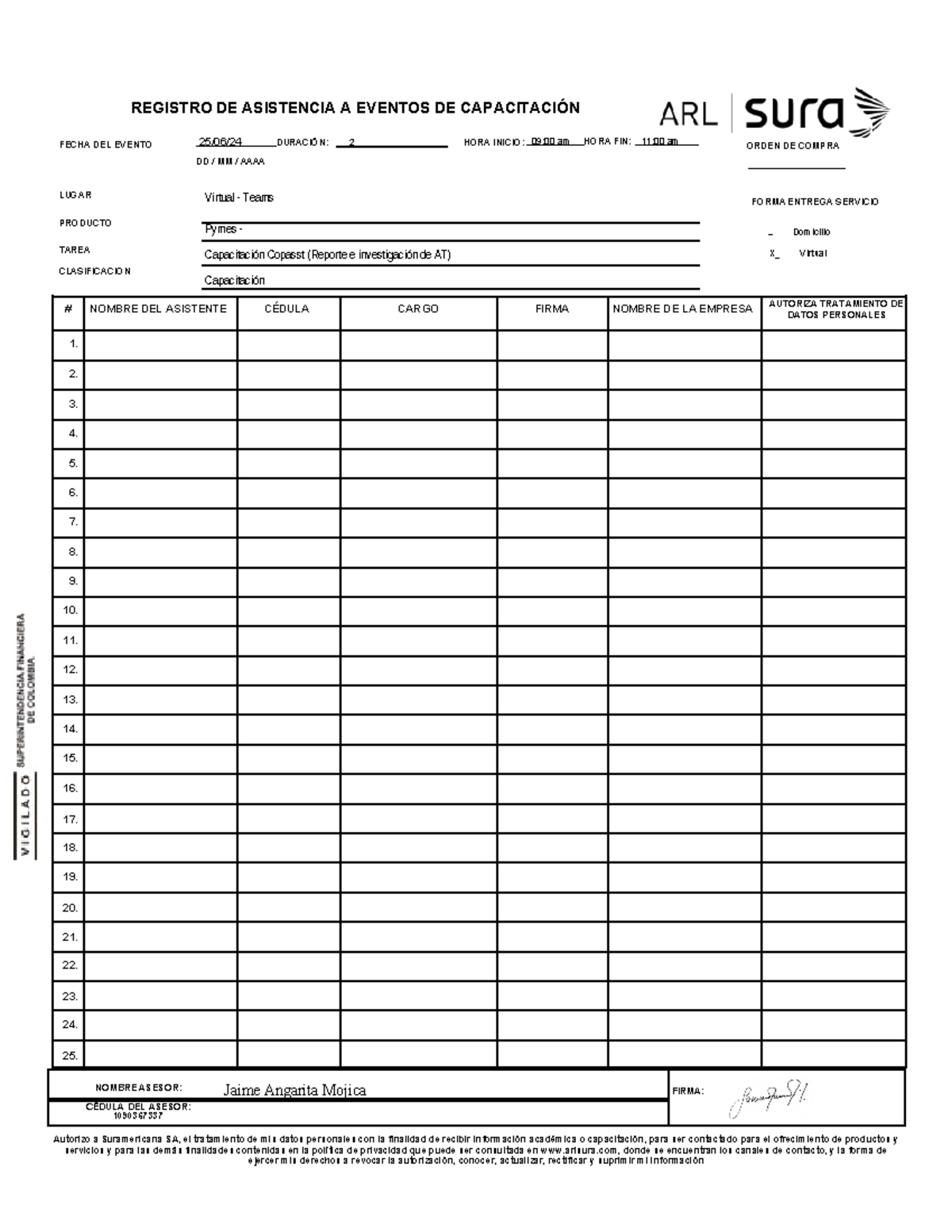Registro de Asistencia a Capacitación ARL SURA - 25/06/24 - Document Preview