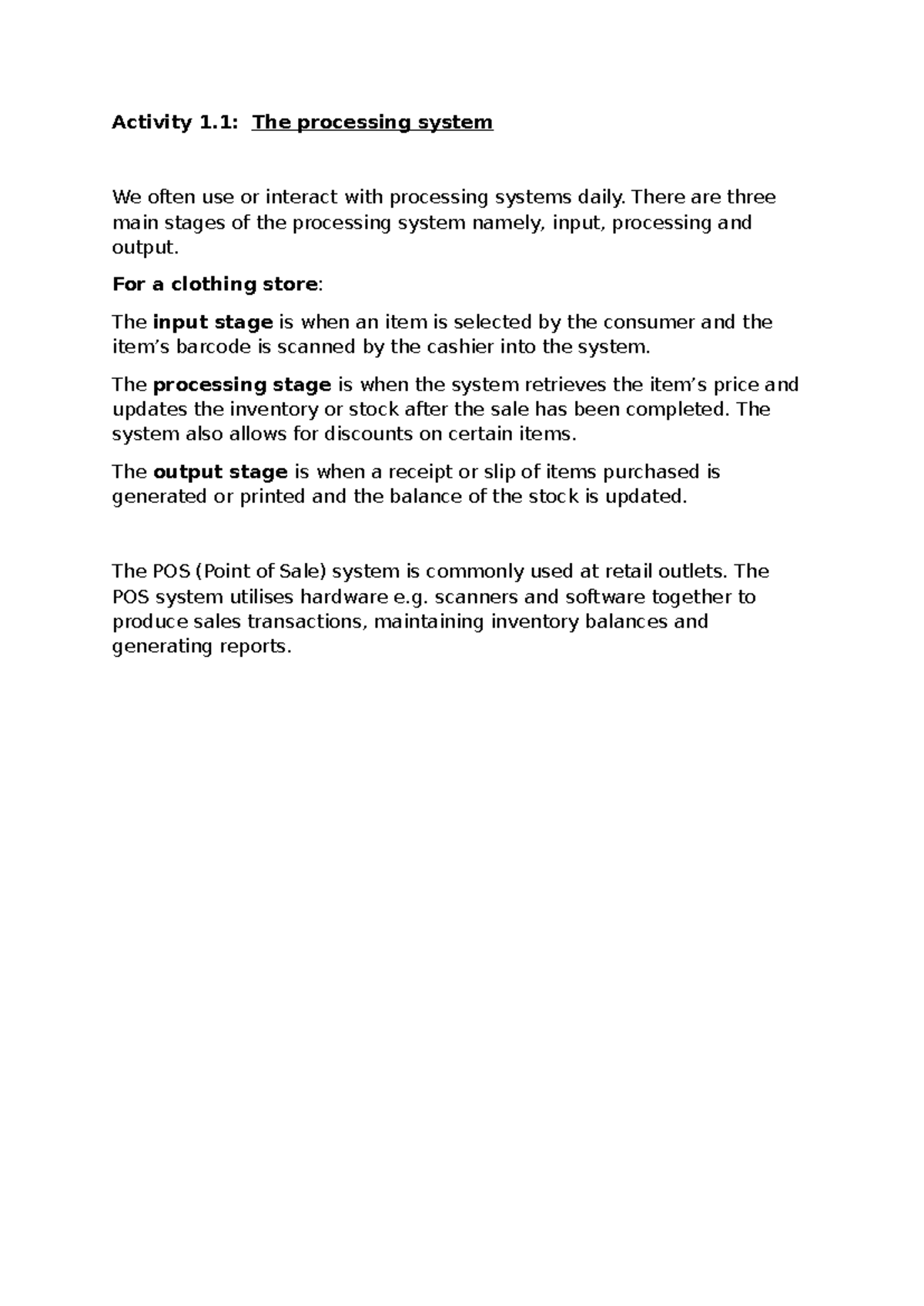 Activity 1.1 The processing system - Activity 1: The processing system ...