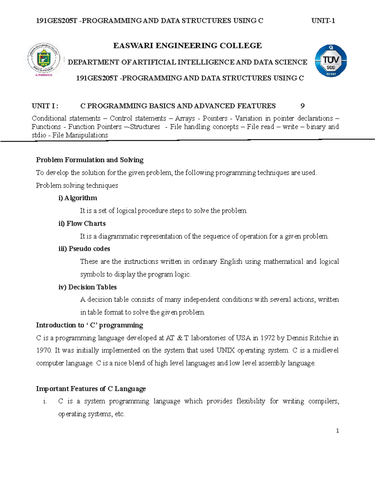 EASWARI ENGINEERING 191GES205T: C Programming Basics Notes - Studocu
