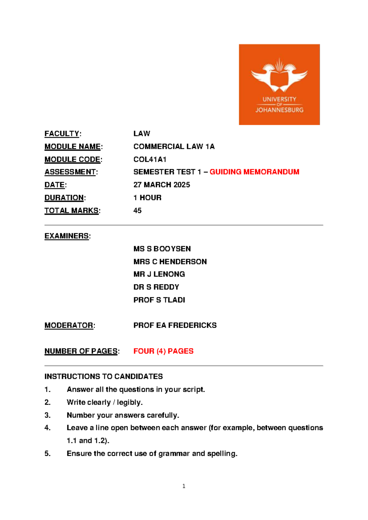 COL41A1 Semester Test 1 2025 Final Guiding Memorandum - Studocu