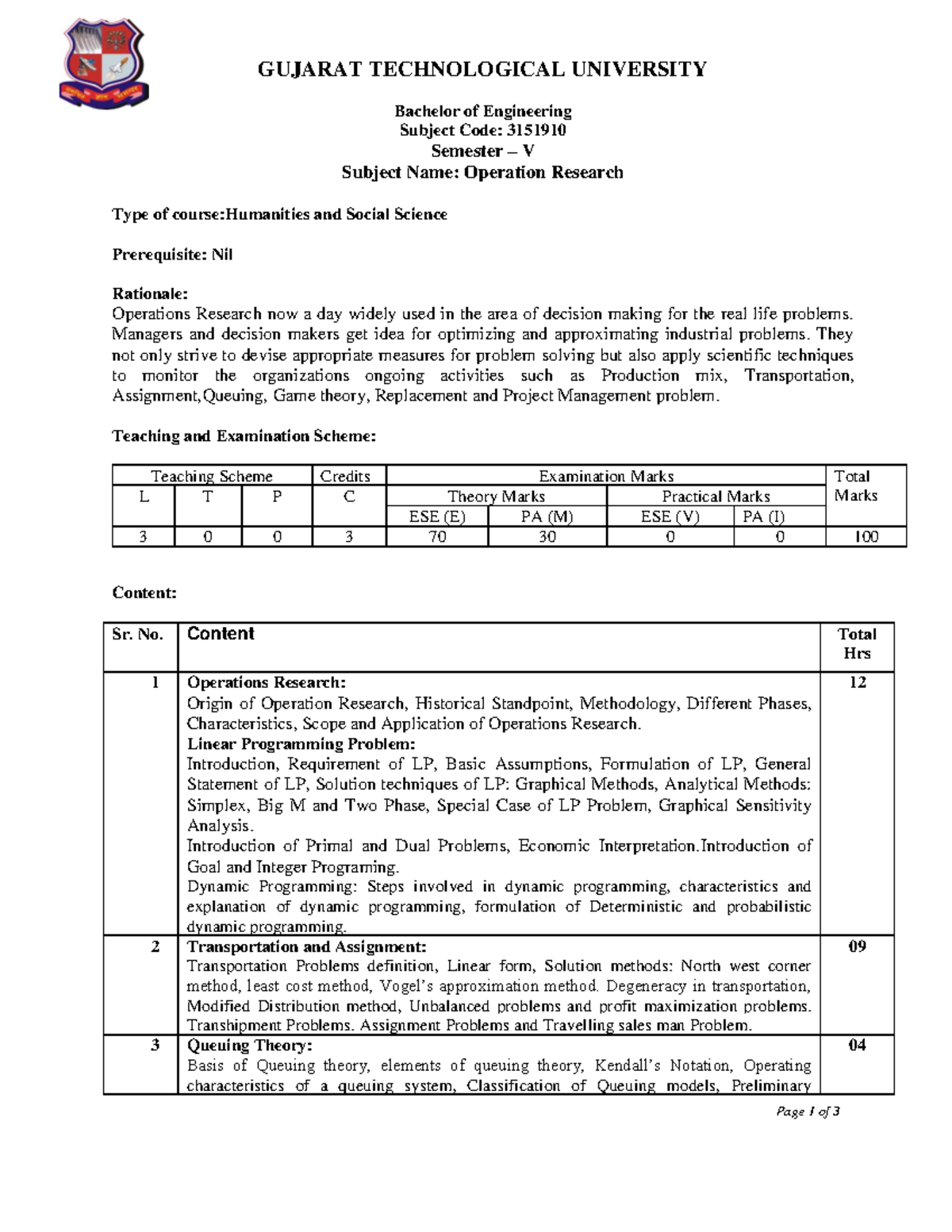 Operations Research (3151910) - Syllabus Overview for BE Semester V ...