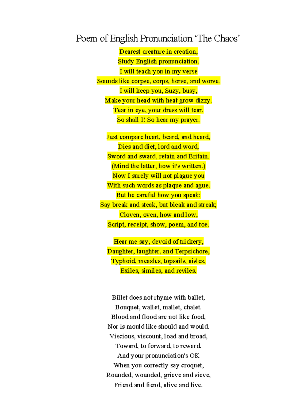 English Pronunciation Poem Dearest Creature In Creation