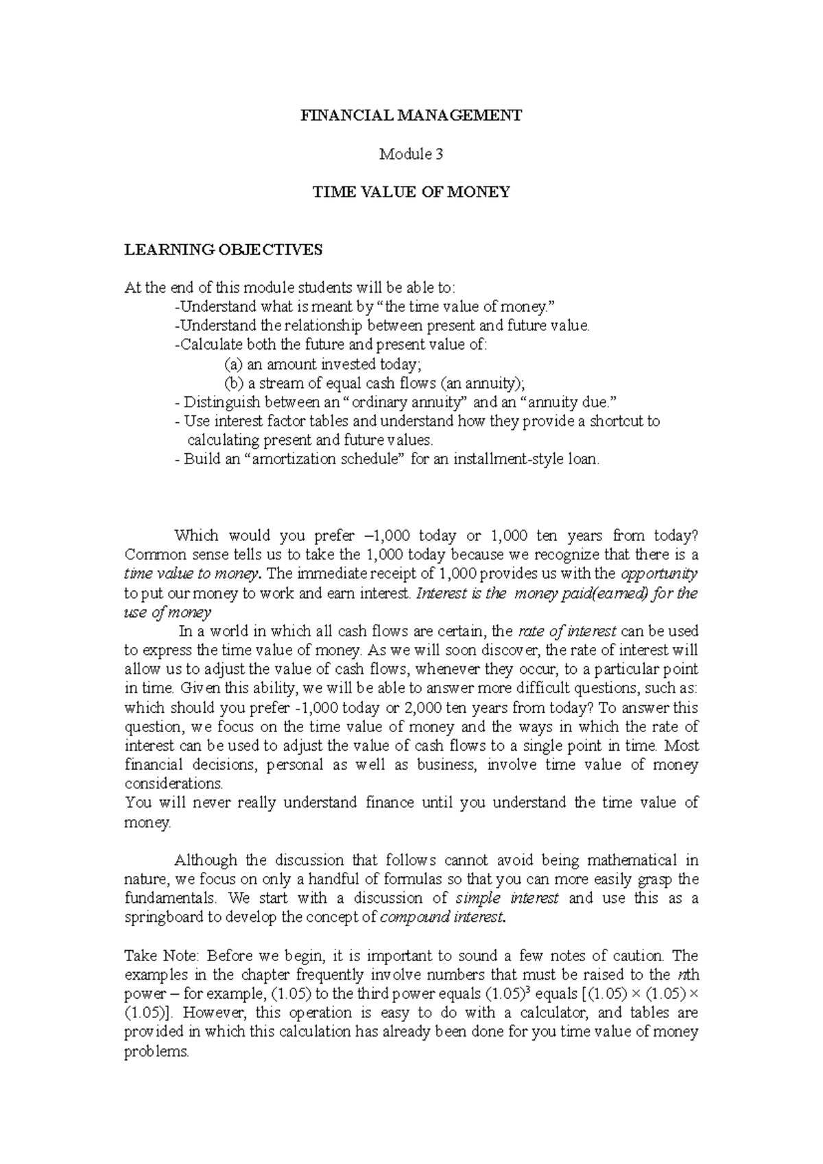 Module 3 Time Value of Money - FINANCIAL MANAGEMENT Module 3 TIME VALUE ...