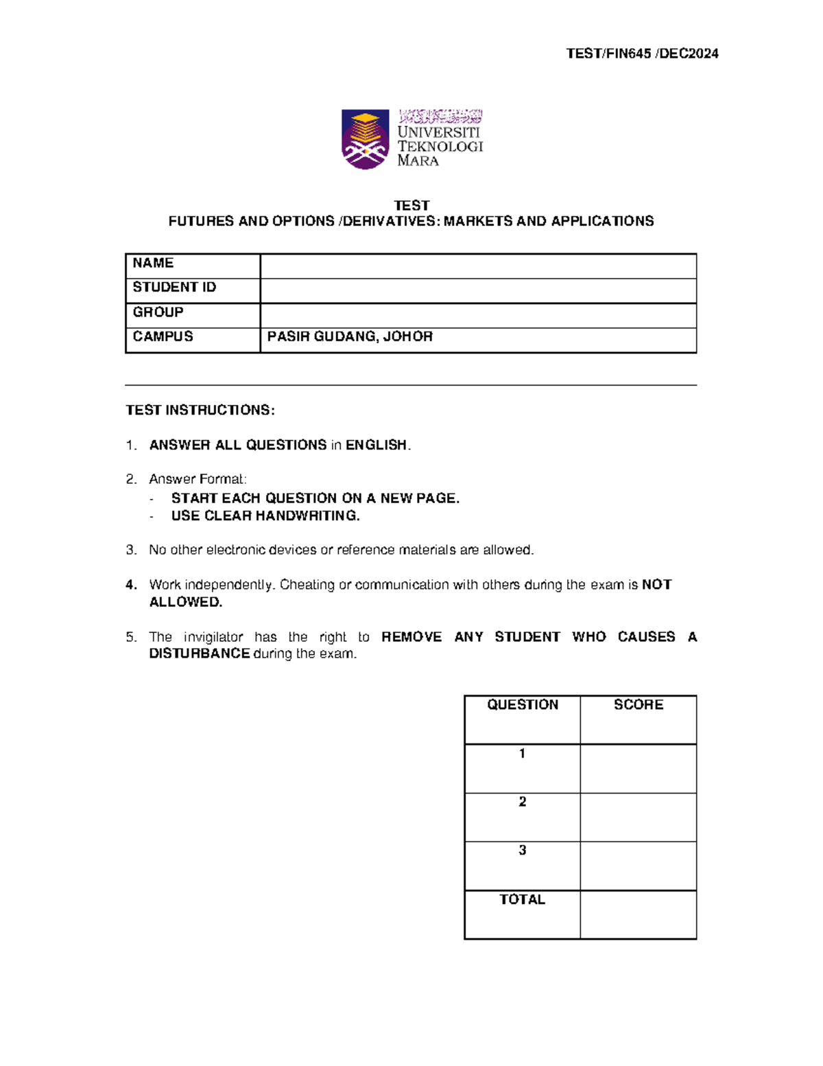 FIN645 DEC 2024 - Futures and Options Test Practice Exercises - Studocu